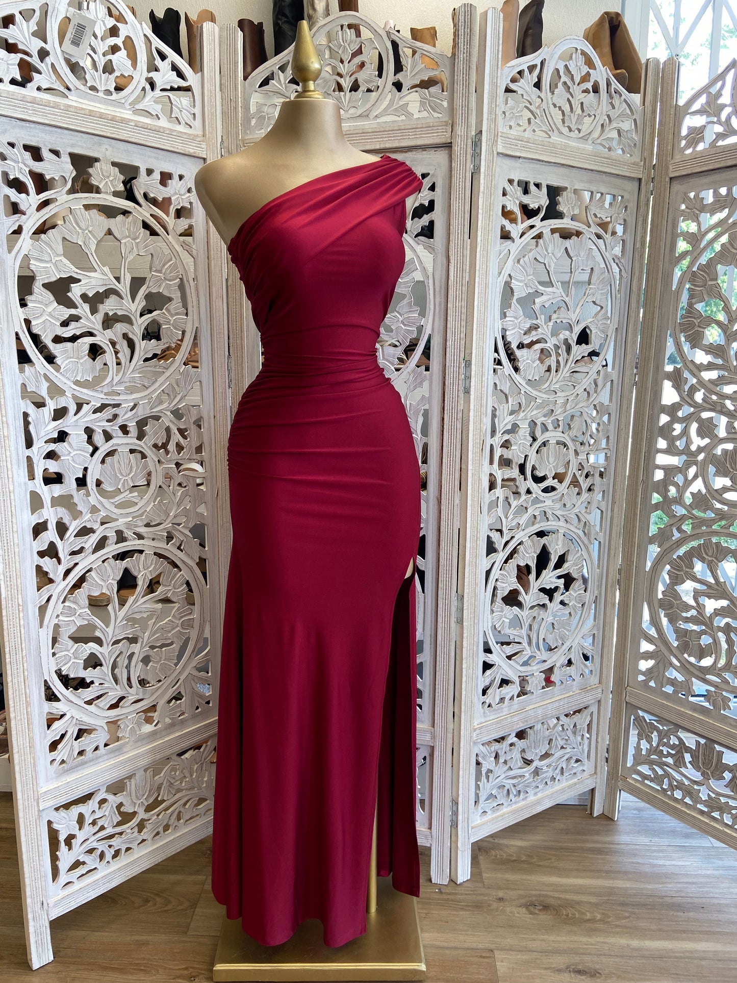 Wine One Sleeve Formal Dress