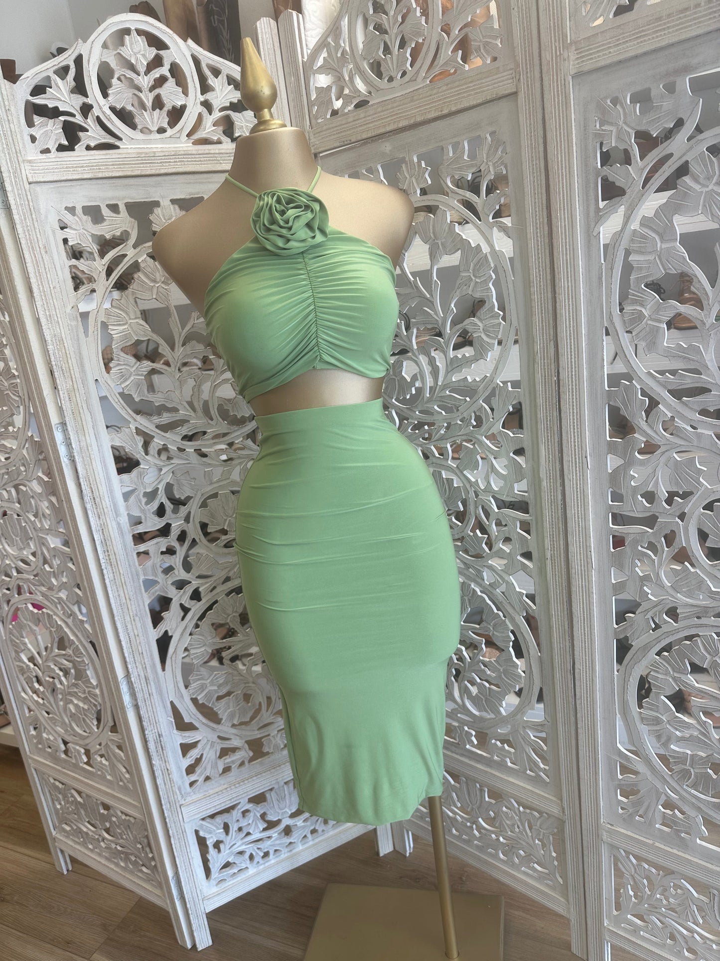 Green Flower Detail Ruched Set