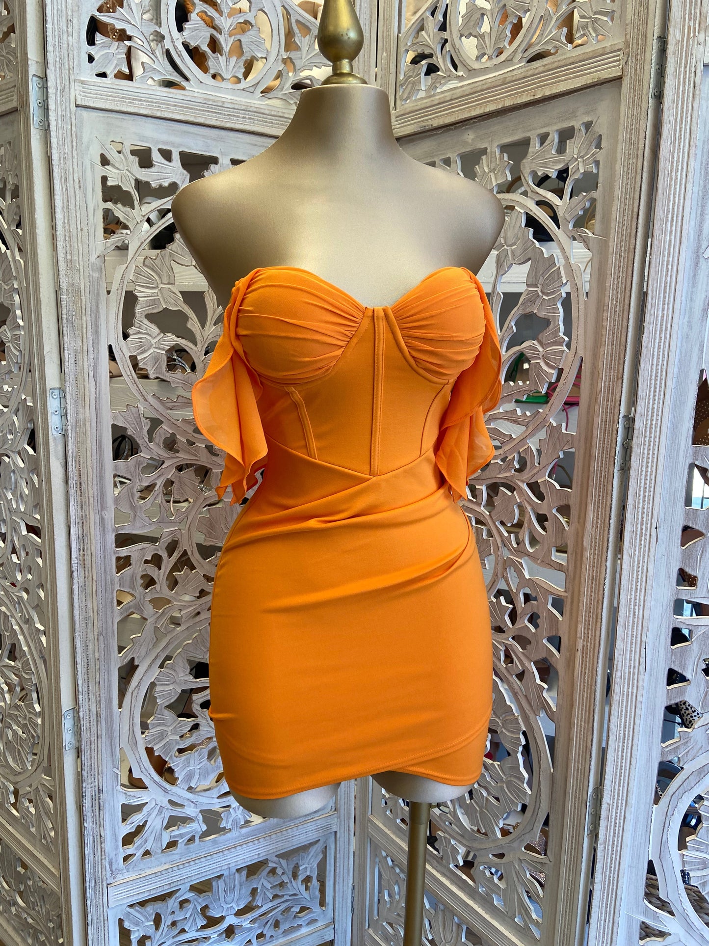 Orange Ruffle Sleeve Mini Dress