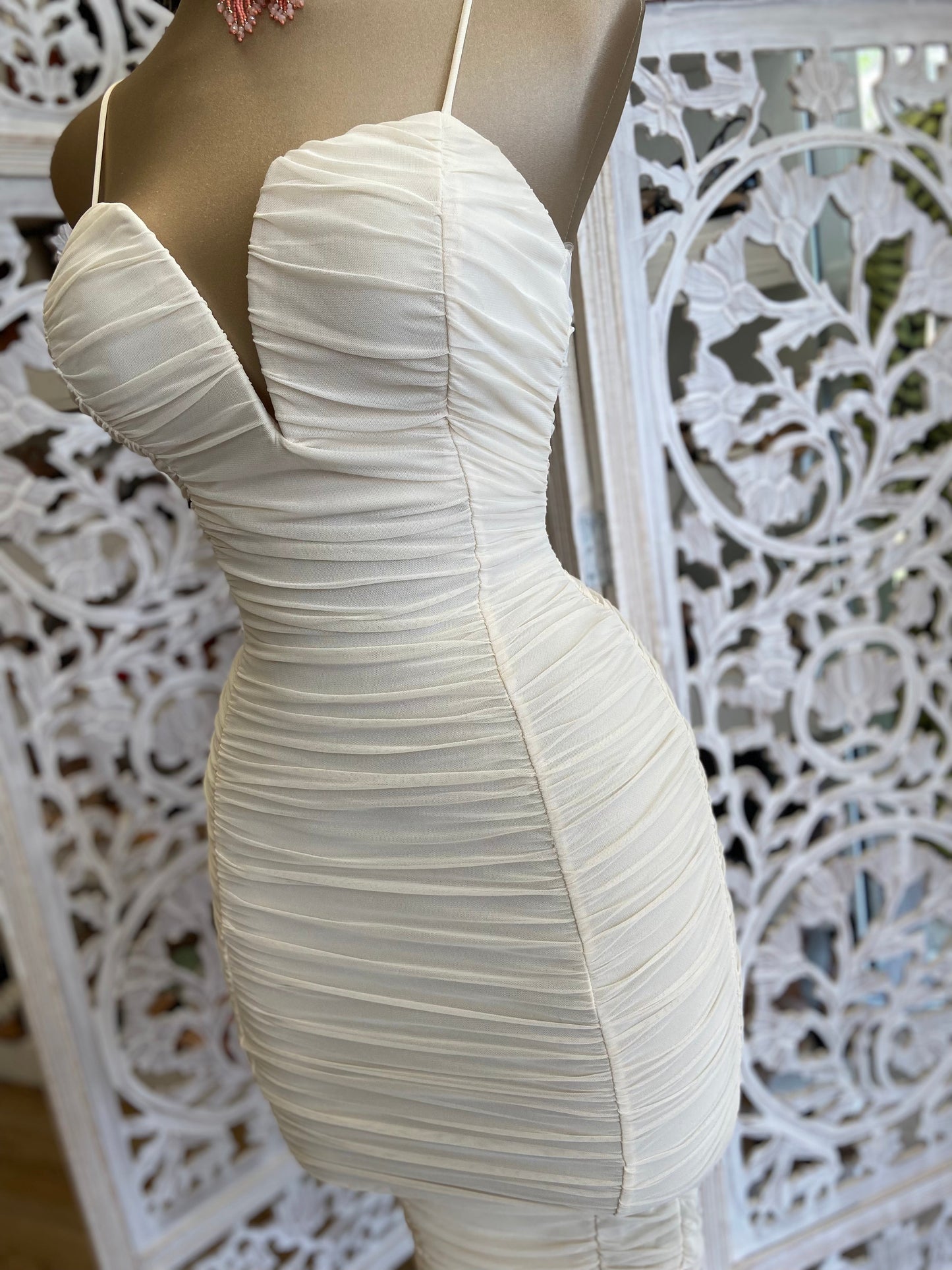 Ivory V Ruched Bodycon Dress