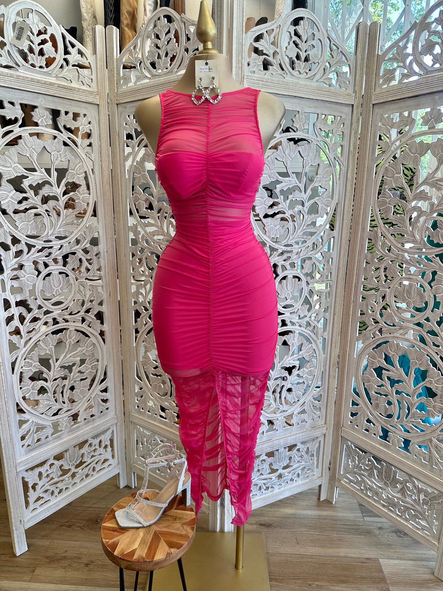 Pink Ruched Mesh Dress