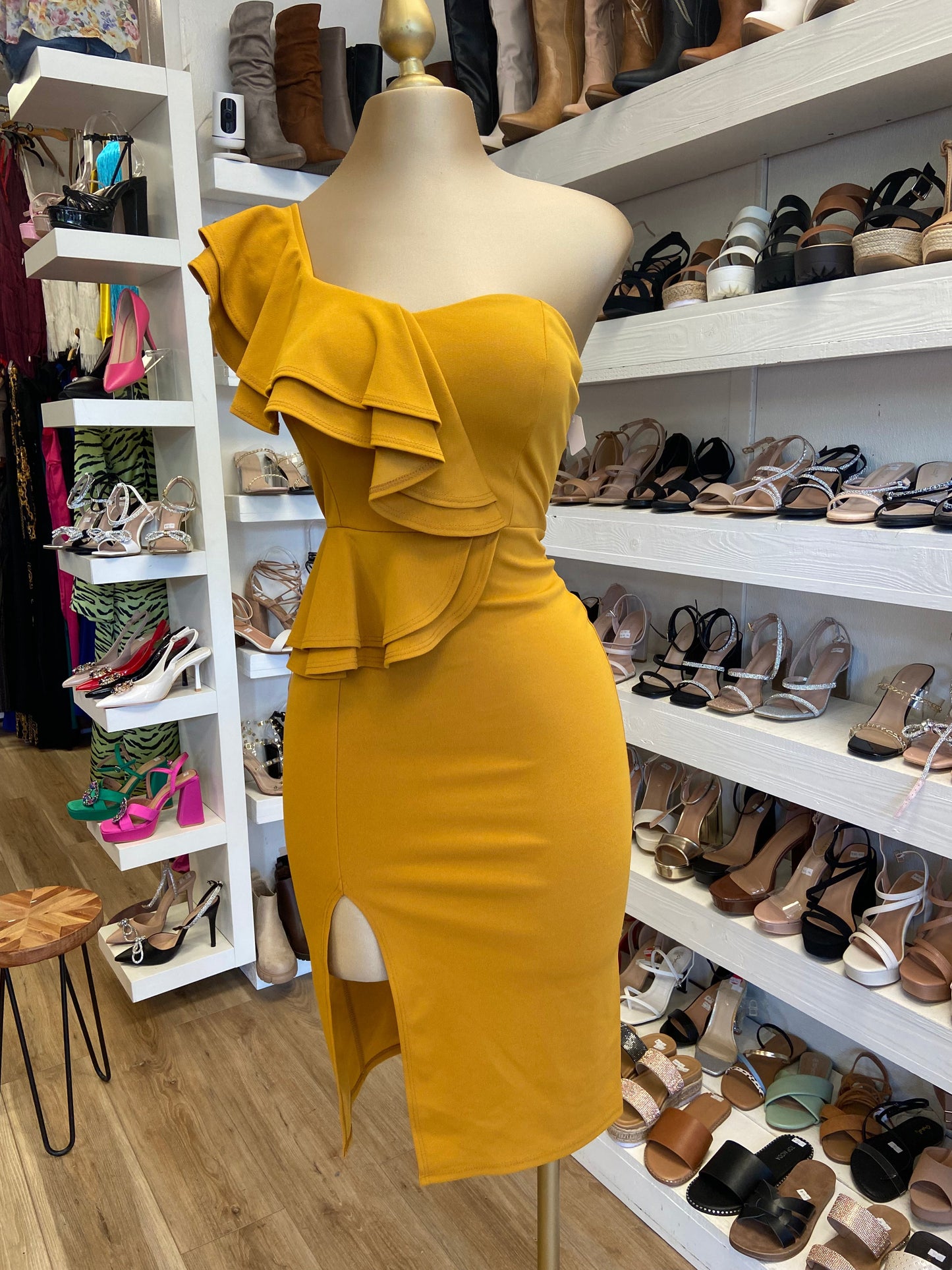 Yellow Ruffle Slit Dress