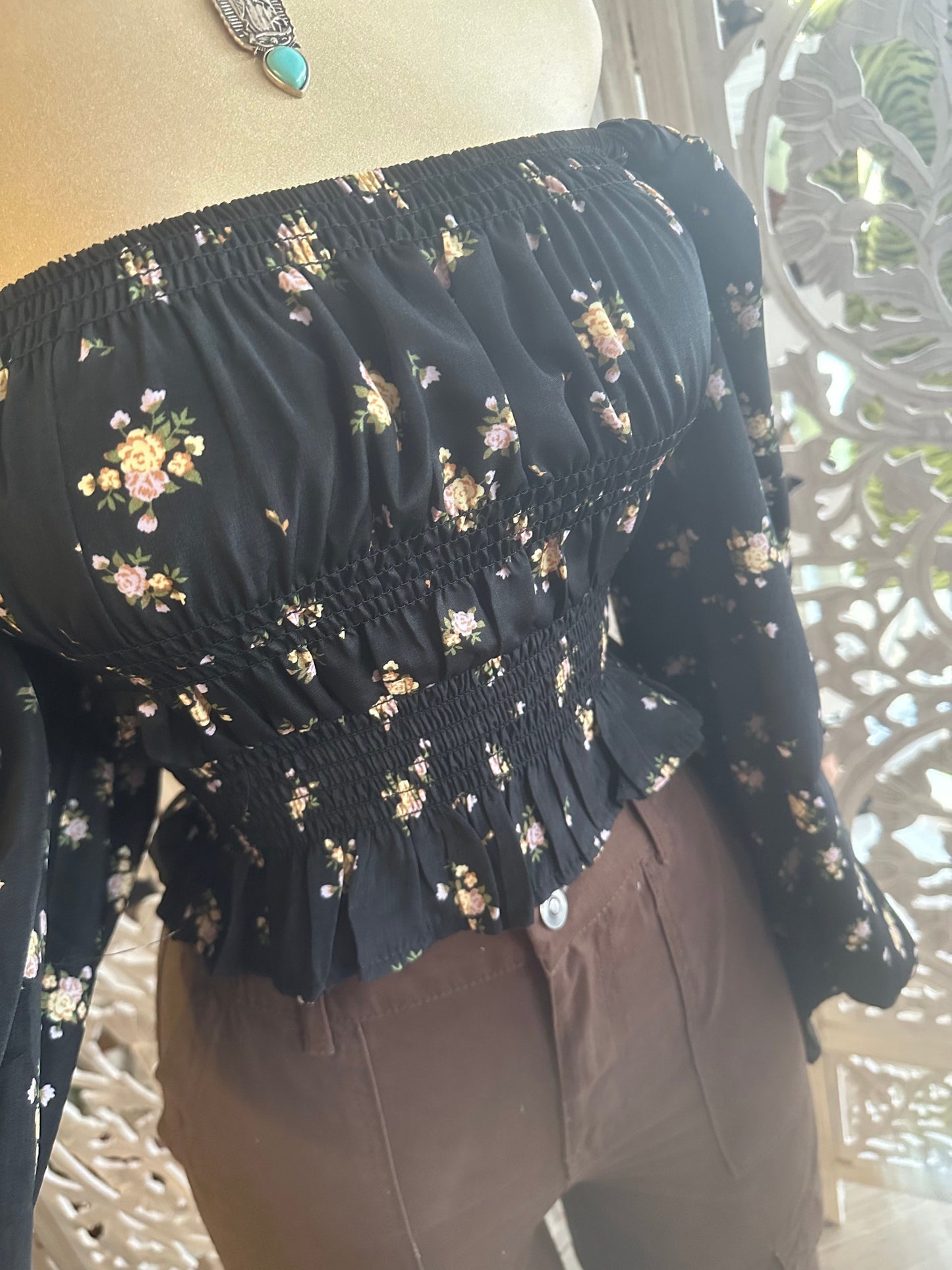 Black Floral Off Shoulder Top