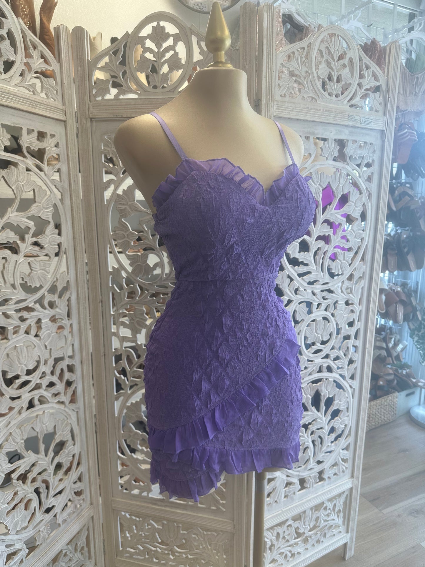 Purple Diamond Pattern Ruffle Dress