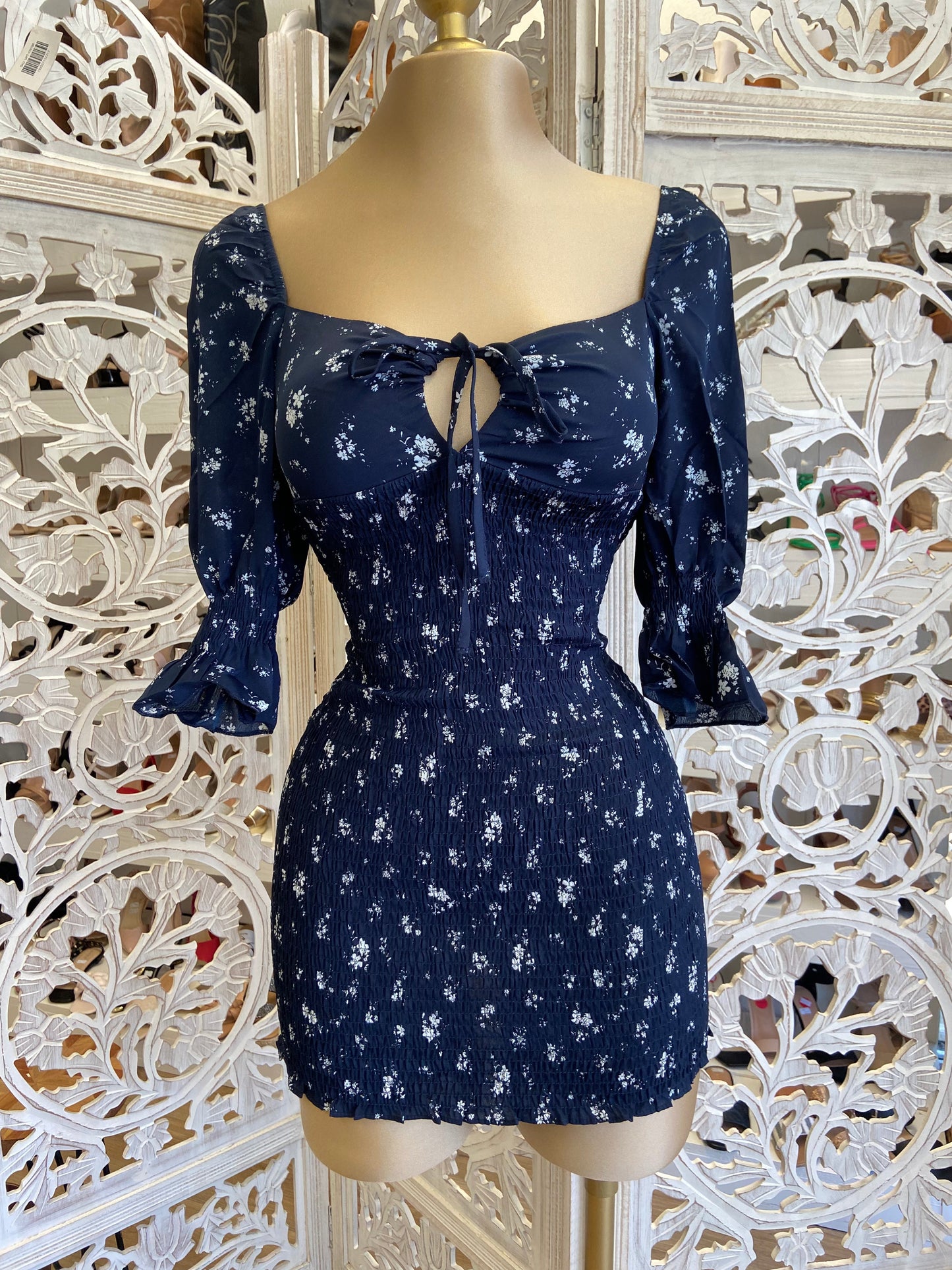 Navy Floral Smocked Dress