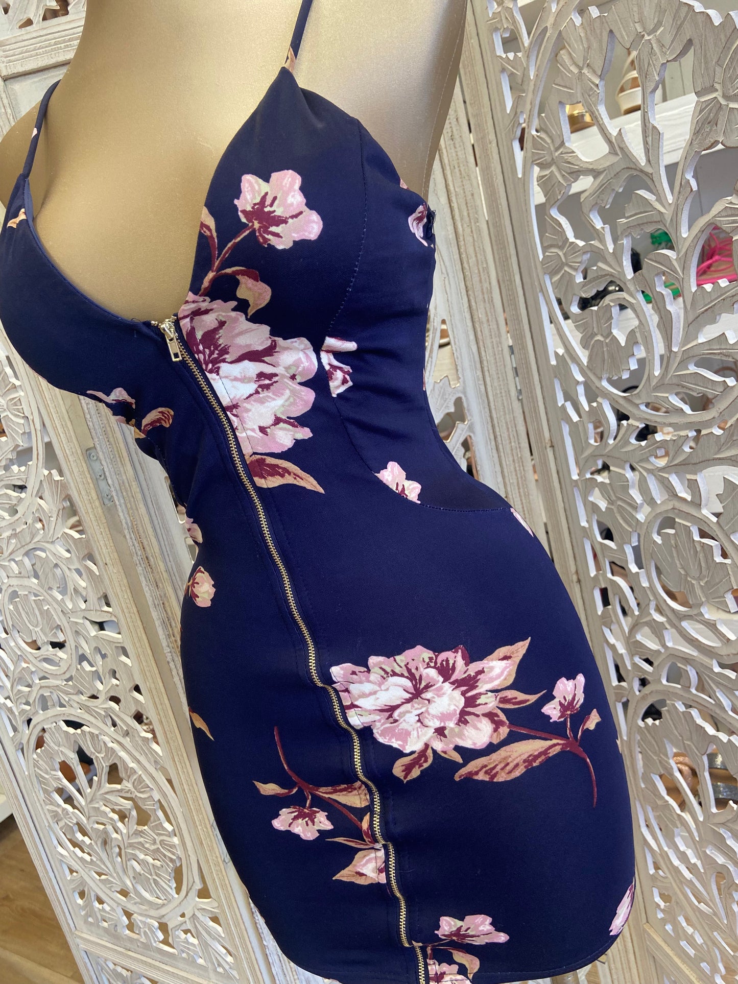 Blue Floral Zipped Dress