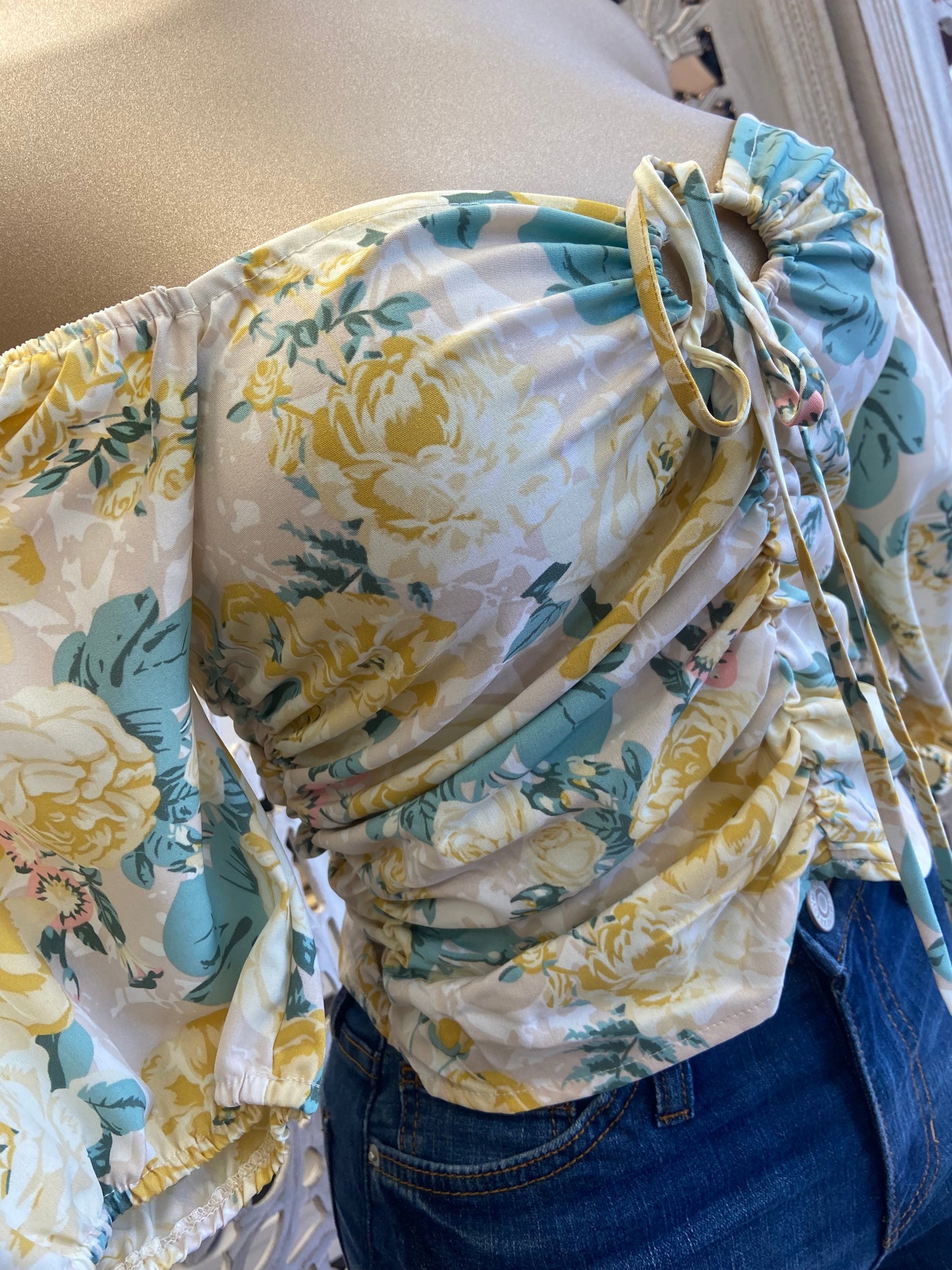 Turquoise Scoop Back Floral Blouse