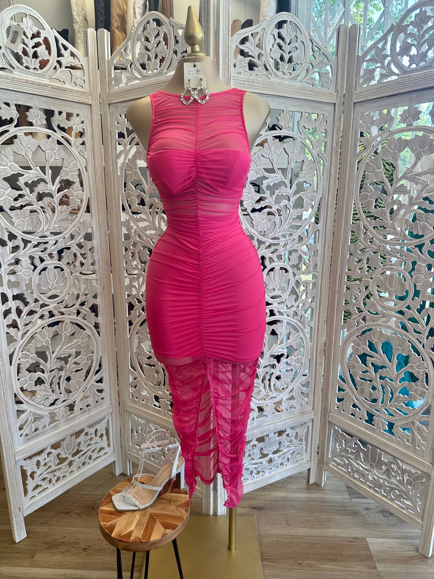 Pink Ruched Mesh Dress