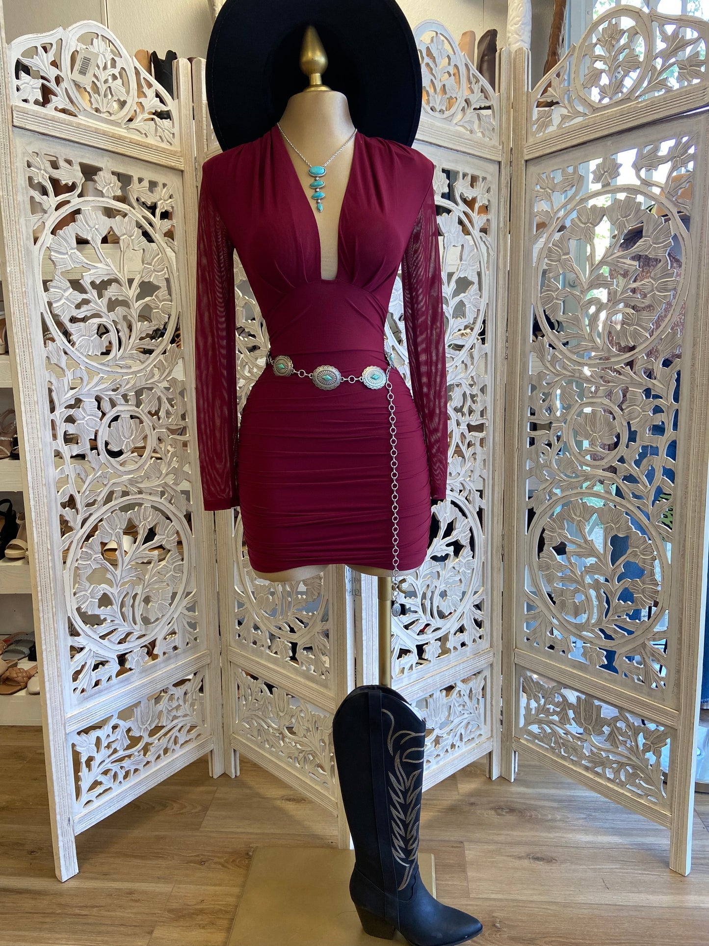 Deep V Burgundy Mini Dress