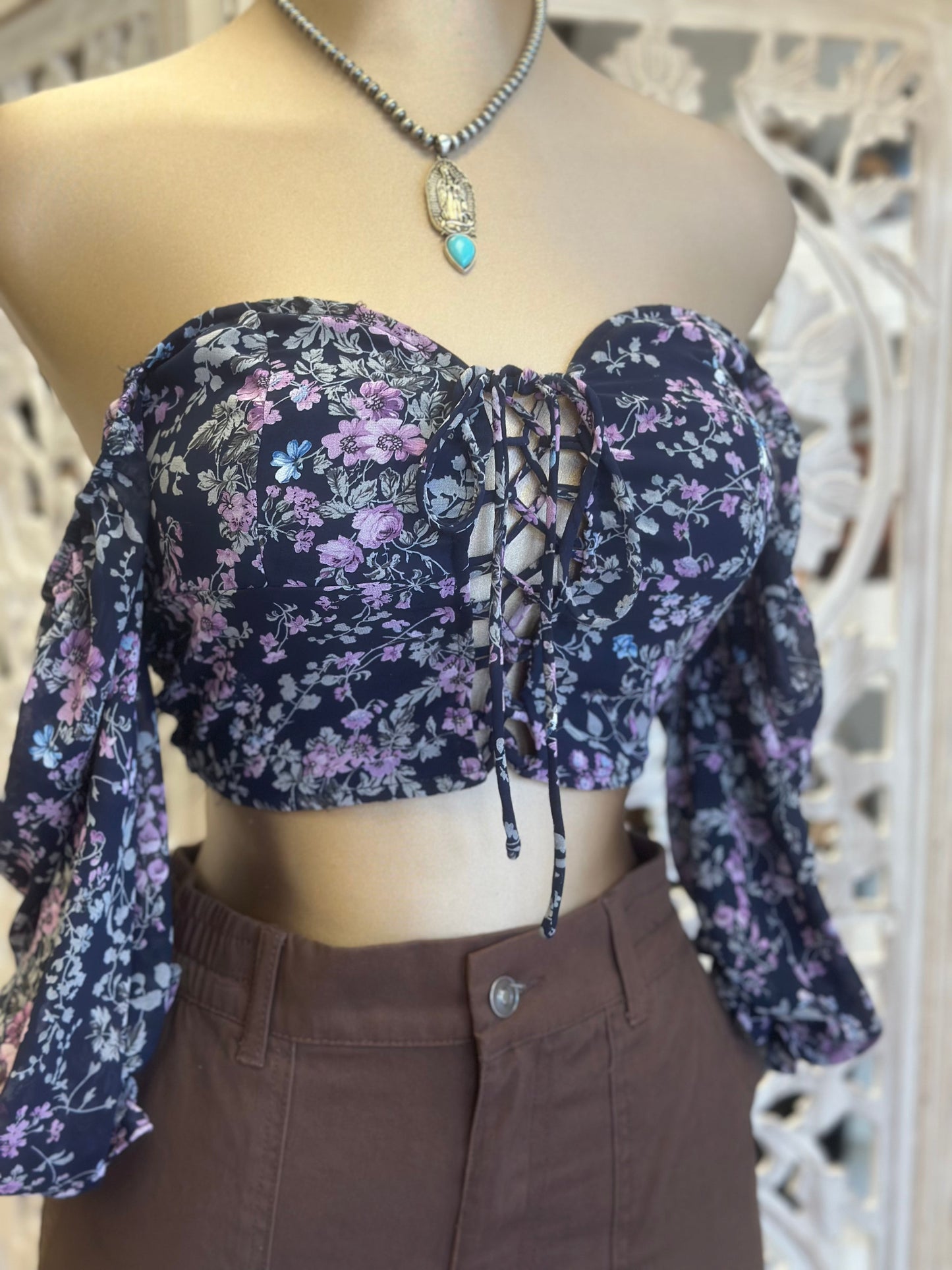 Purple Floral Tie Up Crop