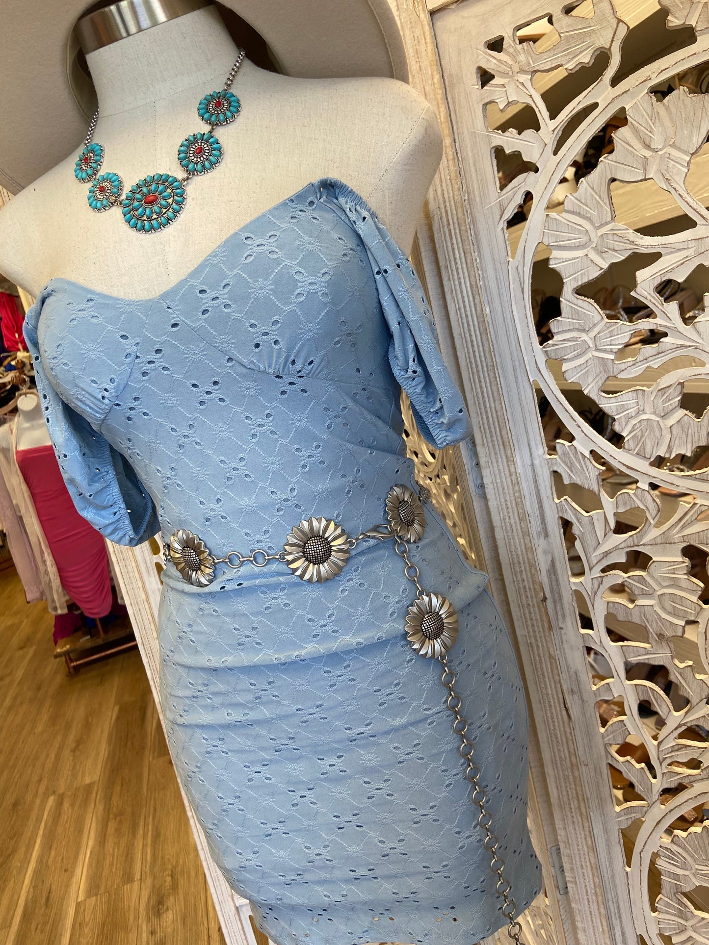 Blue Eyelet Body Con Dress