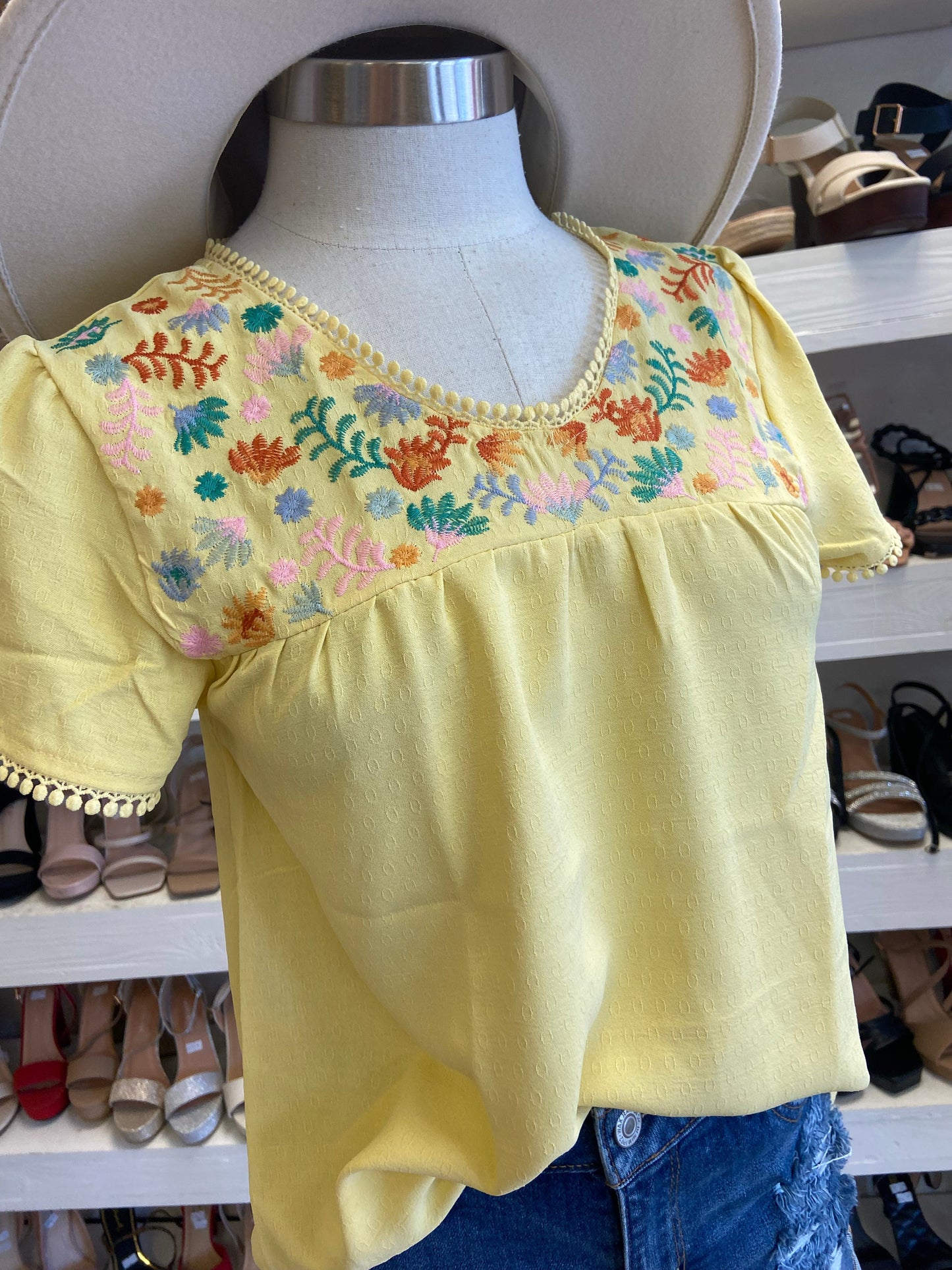 Yellow Embroidered Short Sleeve Top