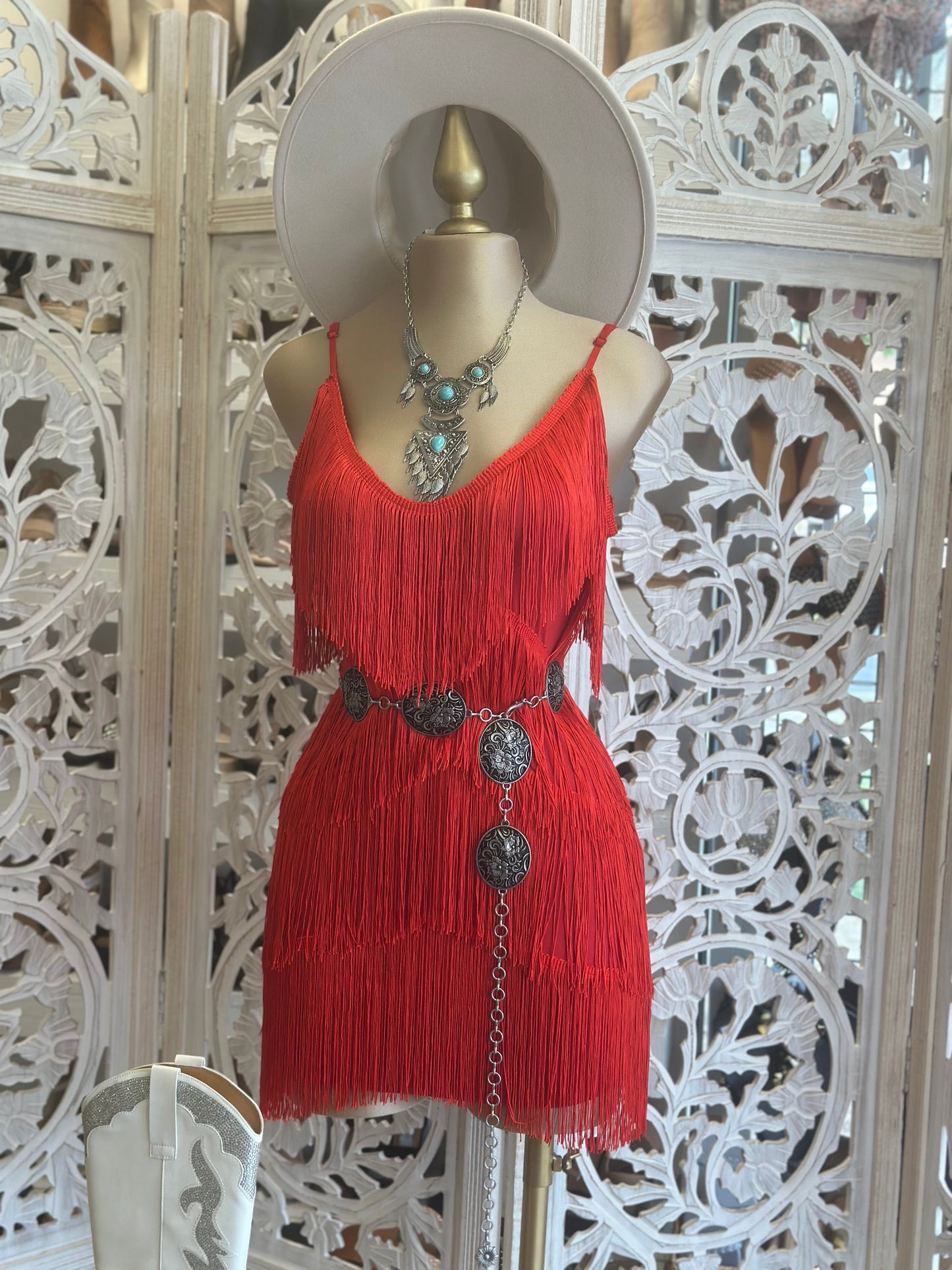 Red Strappy Fringe Dress