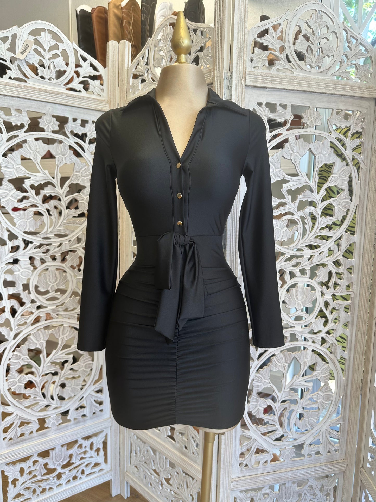 Black Button Tie Front Dress