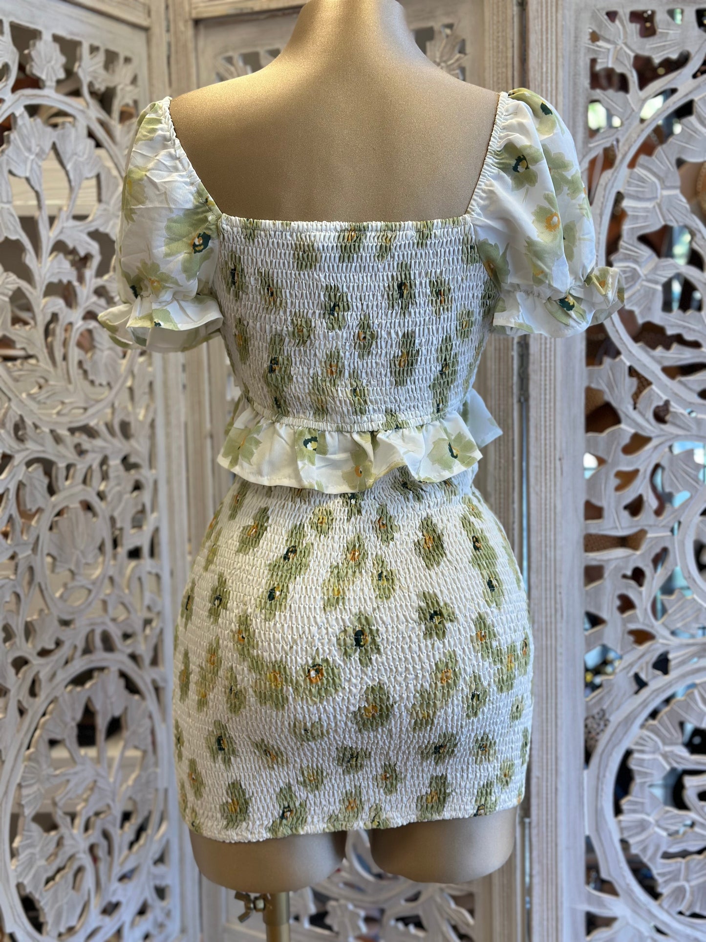 Green Floral Ruched Set