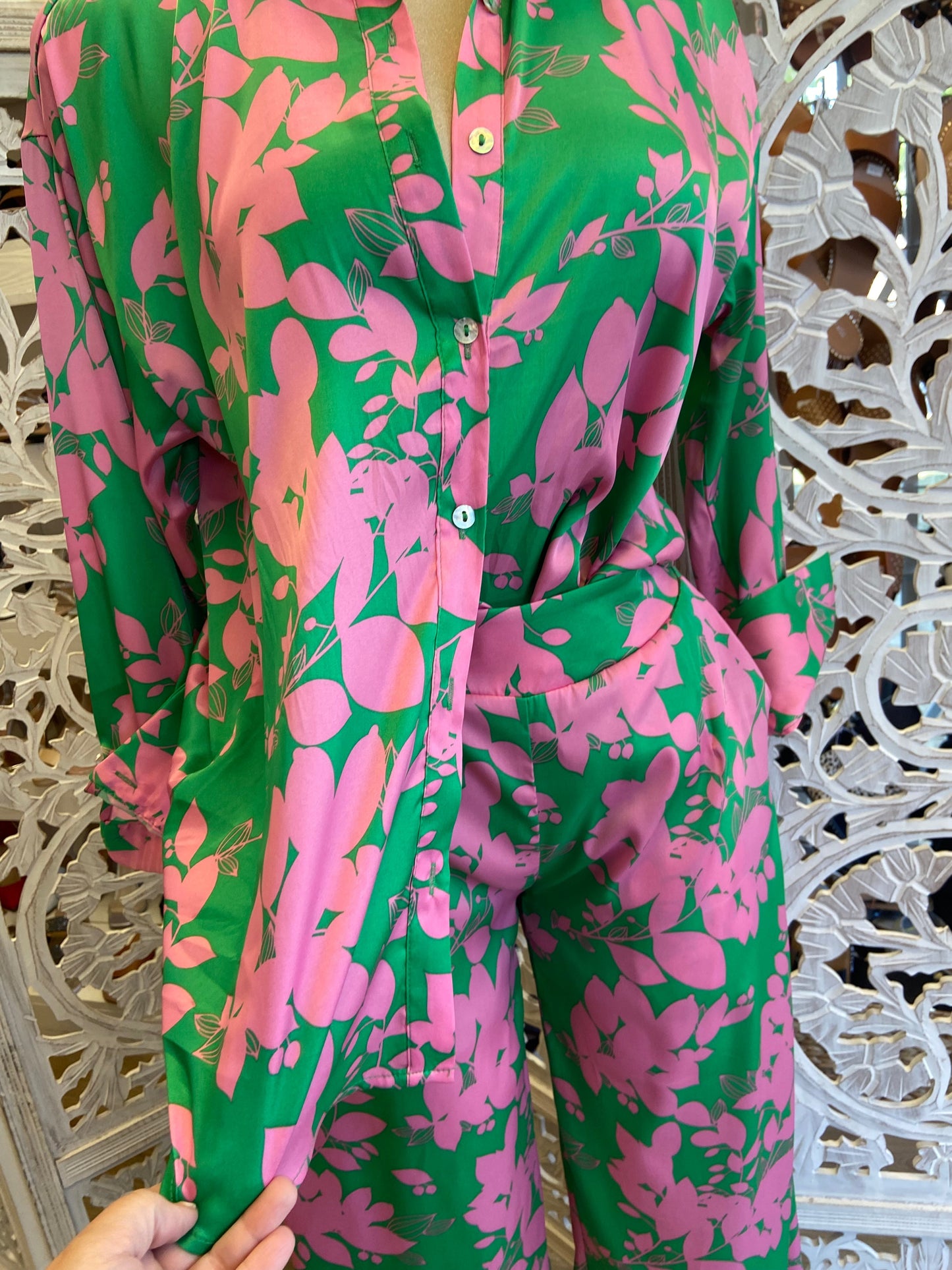 Satin Floral Pink and Green Set