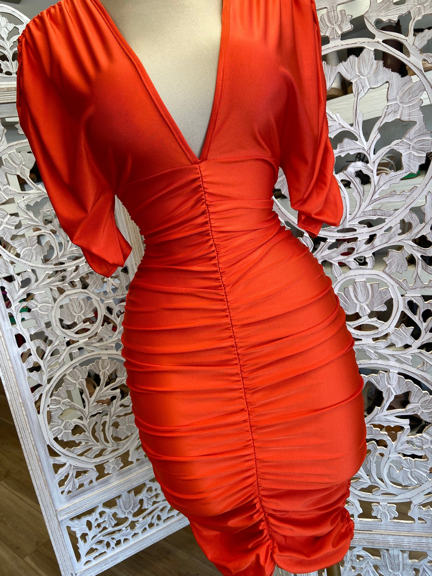 Orange Ruched V neck Dress