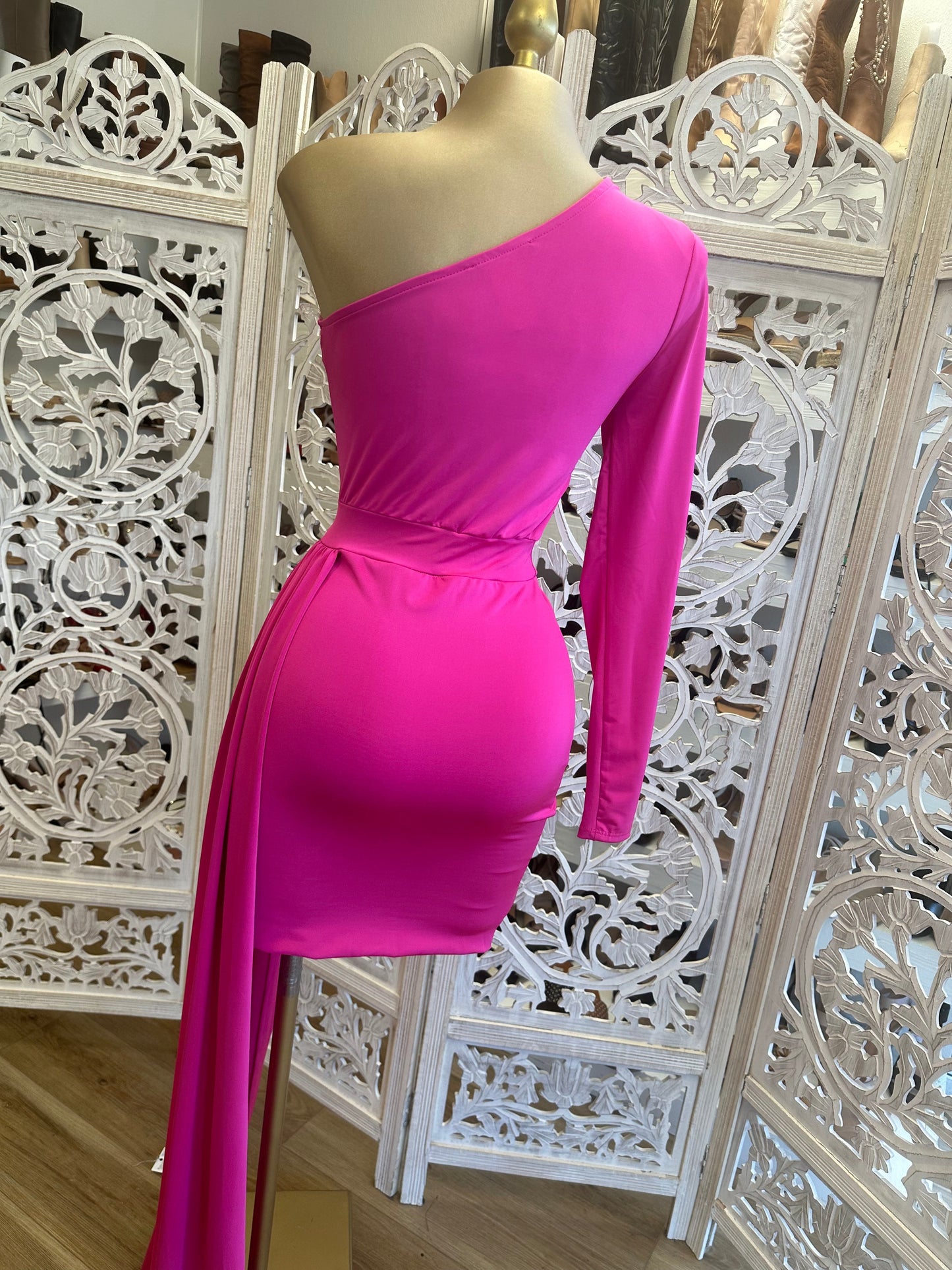 Hot Pink One Sleeve Tailed Dress