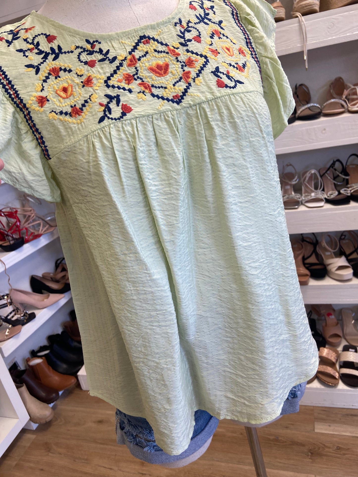 Green Embroidered Short Sleeve Top