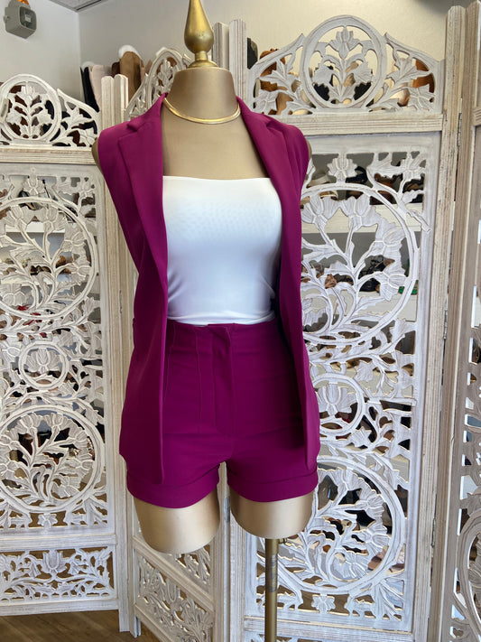 Dark Raspberry Vest Blazer Short Set