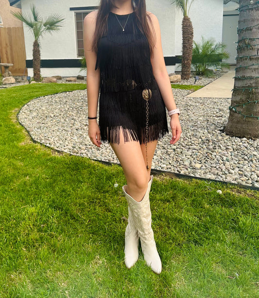 Black Halter Fringe Romper