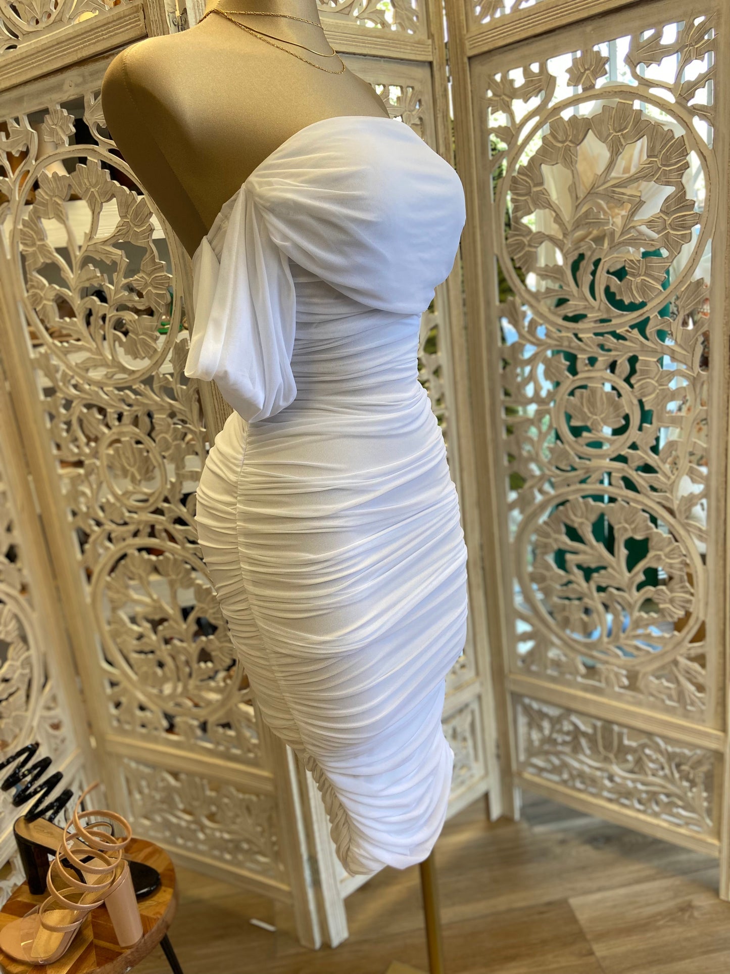 Ruched White Midi Dress