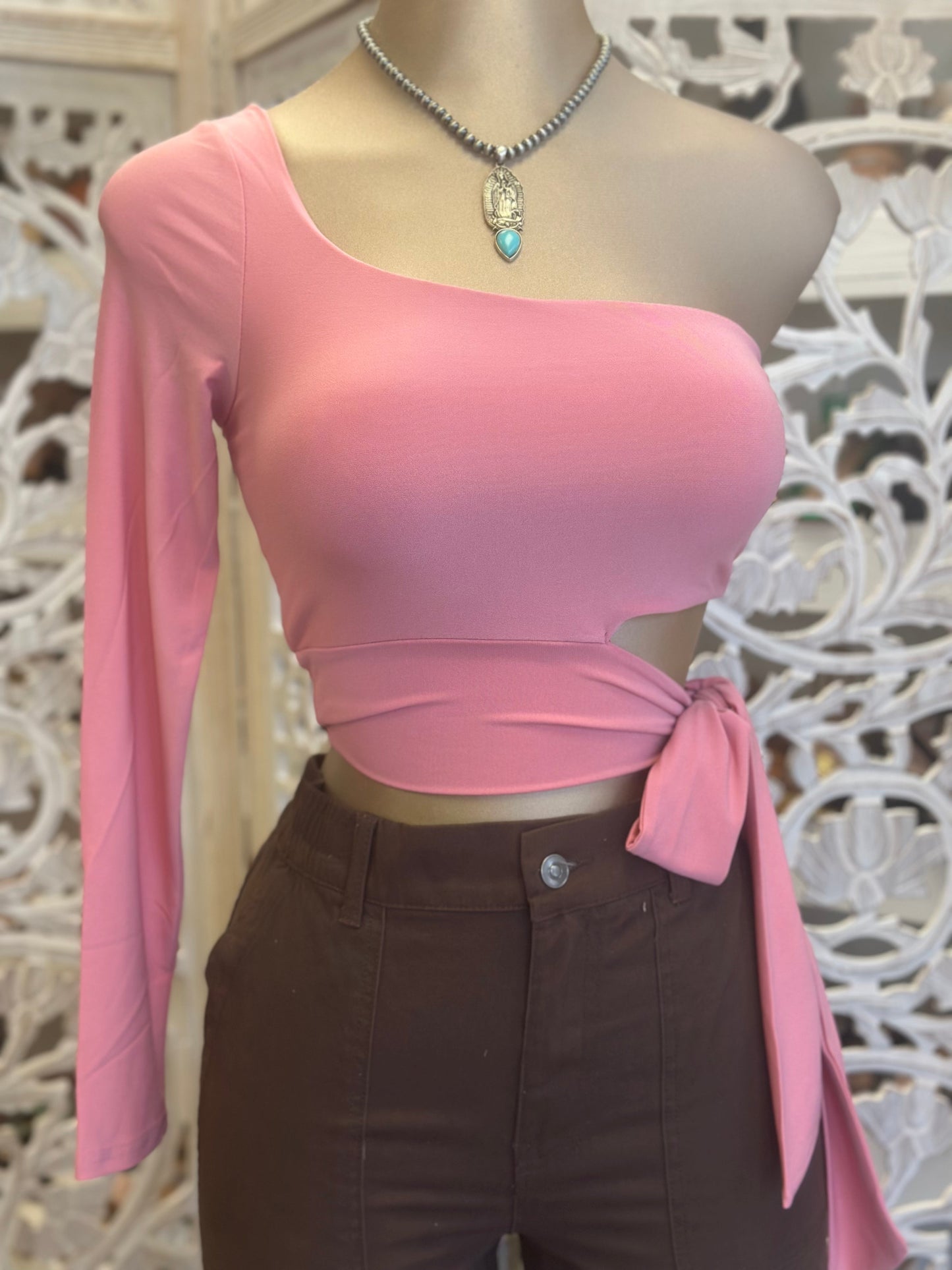 Pink One Sleeve Cutout Crop