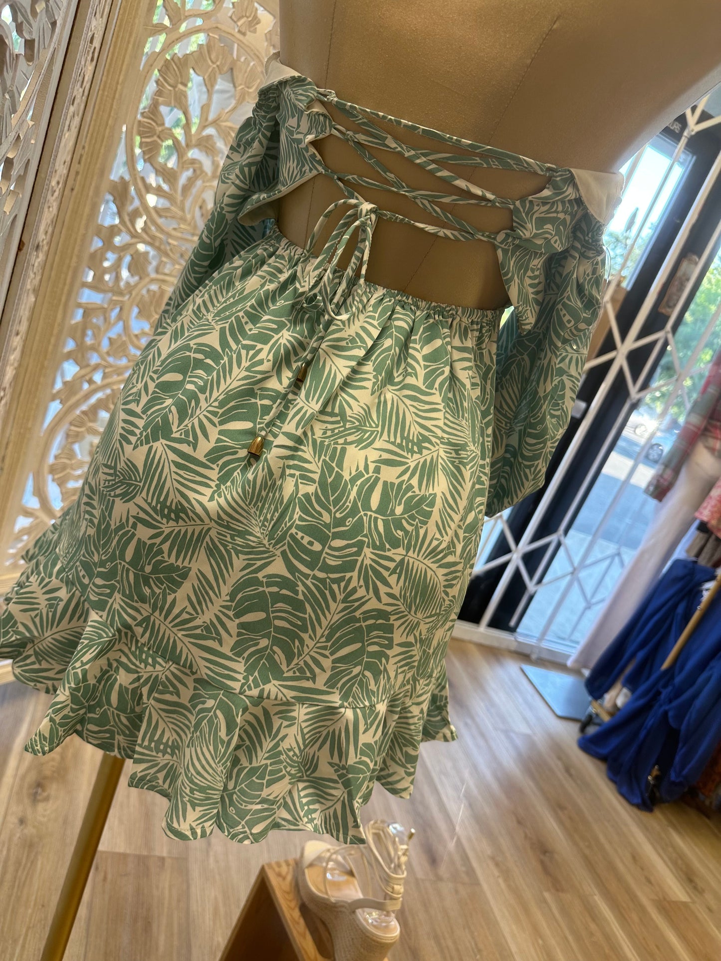 Off Shoulder Leaf Pattern Mini Dress