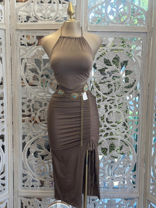 Taupe Halter Ruched Set