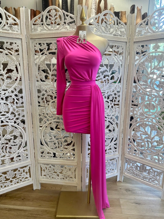 Hot Pink One Sleeve Tailed Dress