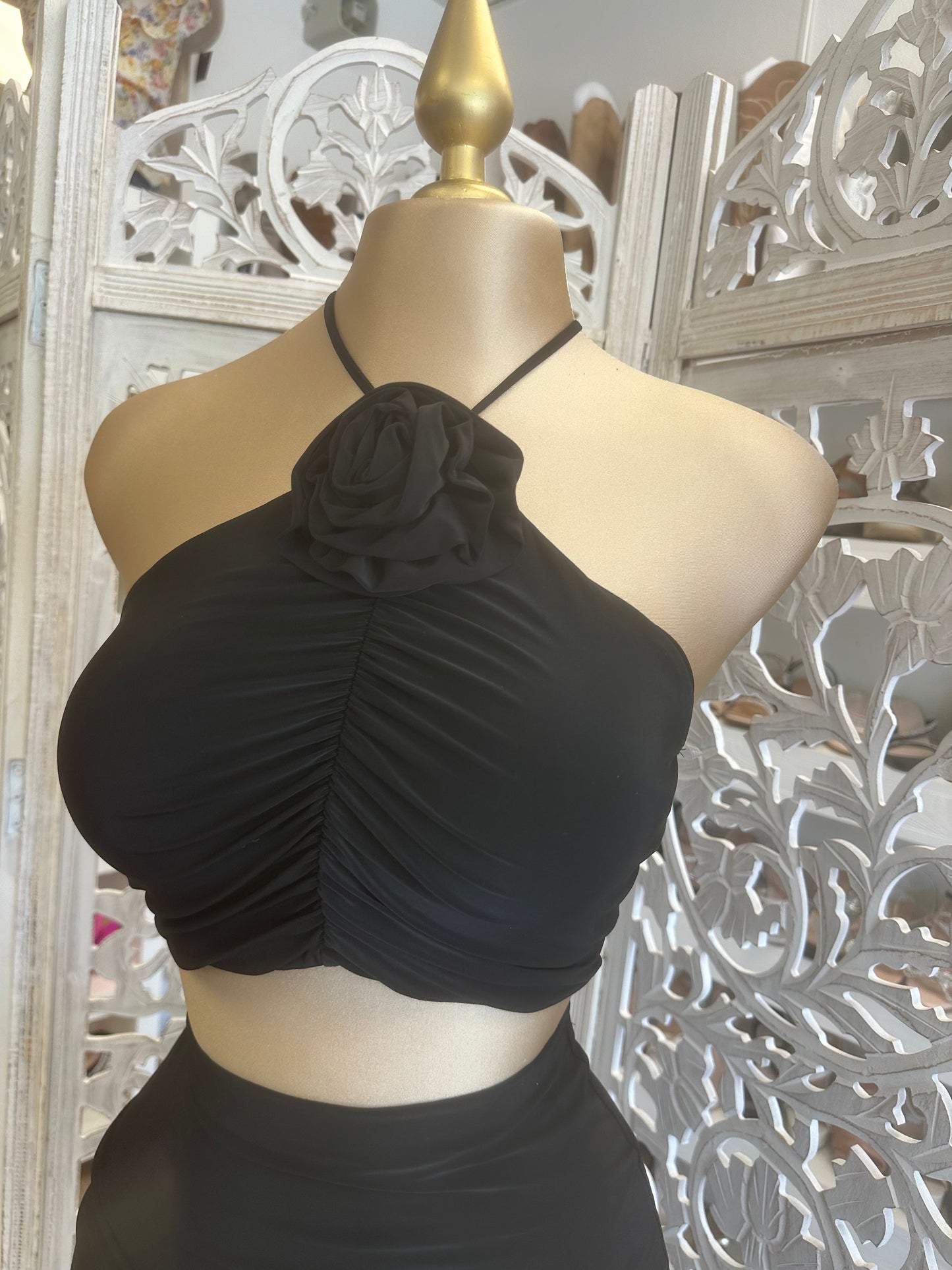 Black Flower Detail Ruched Set