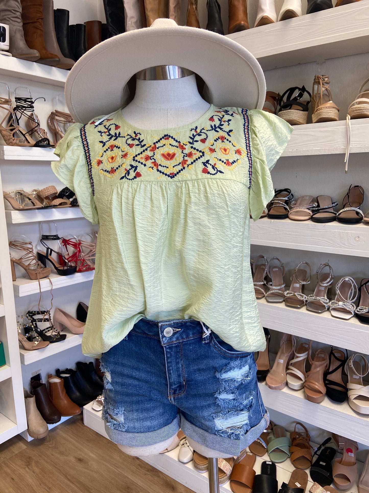 Green Embroidered Short Sleeve Top