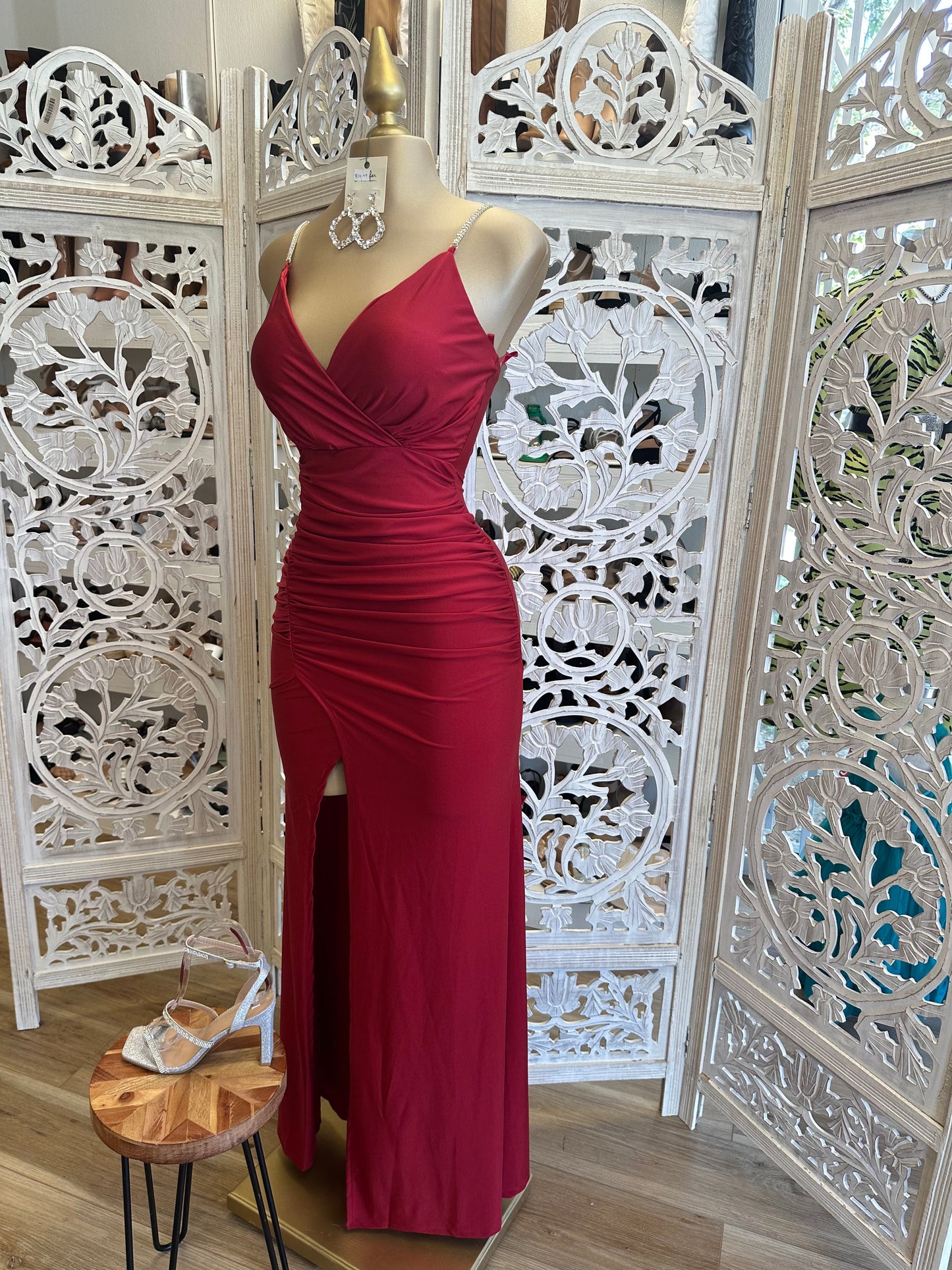 Wine Rhinestone Strap Dress