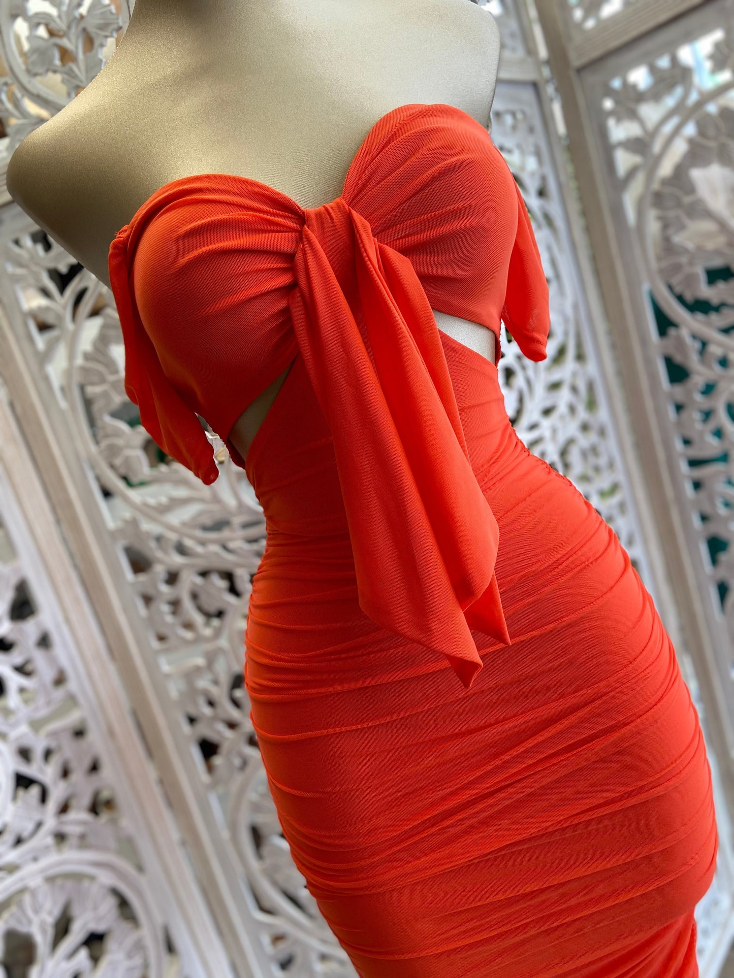 Burnt Orange Tie Front Cutout Dress- Stretchy