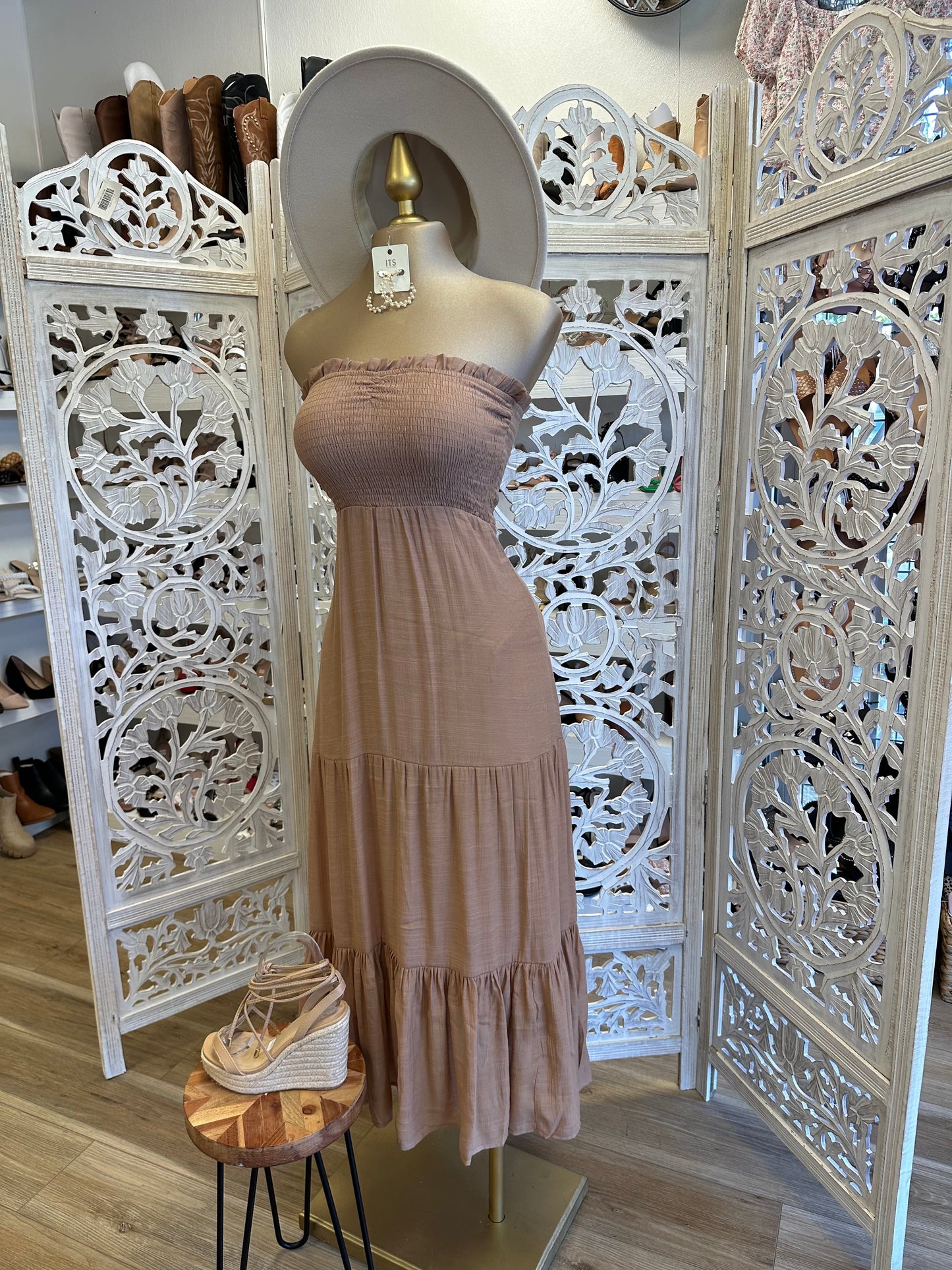 Brown Strapless Smocked Midi Dress