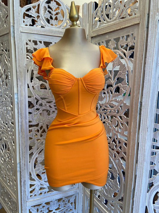 Orange Ruffle Sleeve Mini Dress