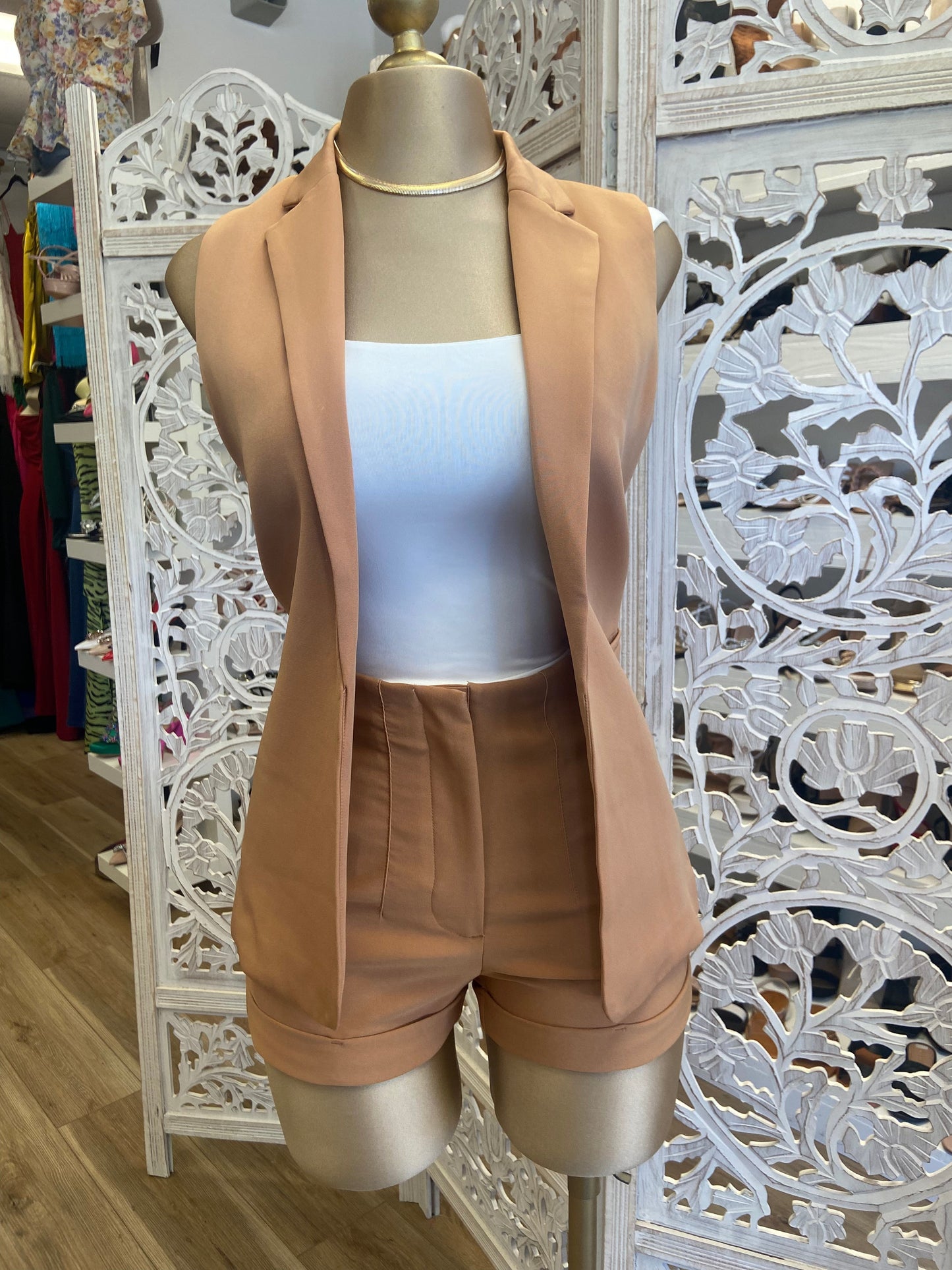 Brown Vest Blazer Short Set