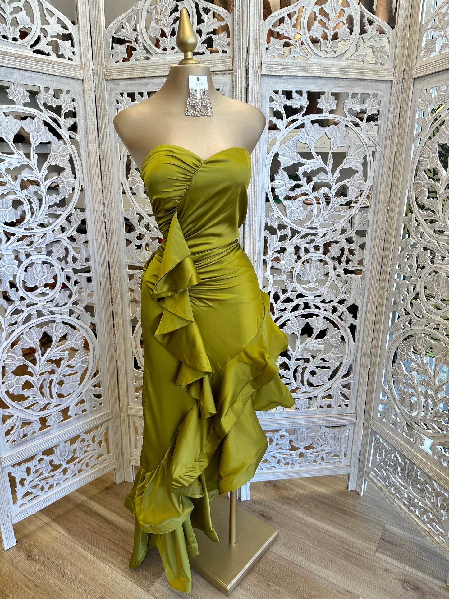 Green Ruffle Strapless Dress