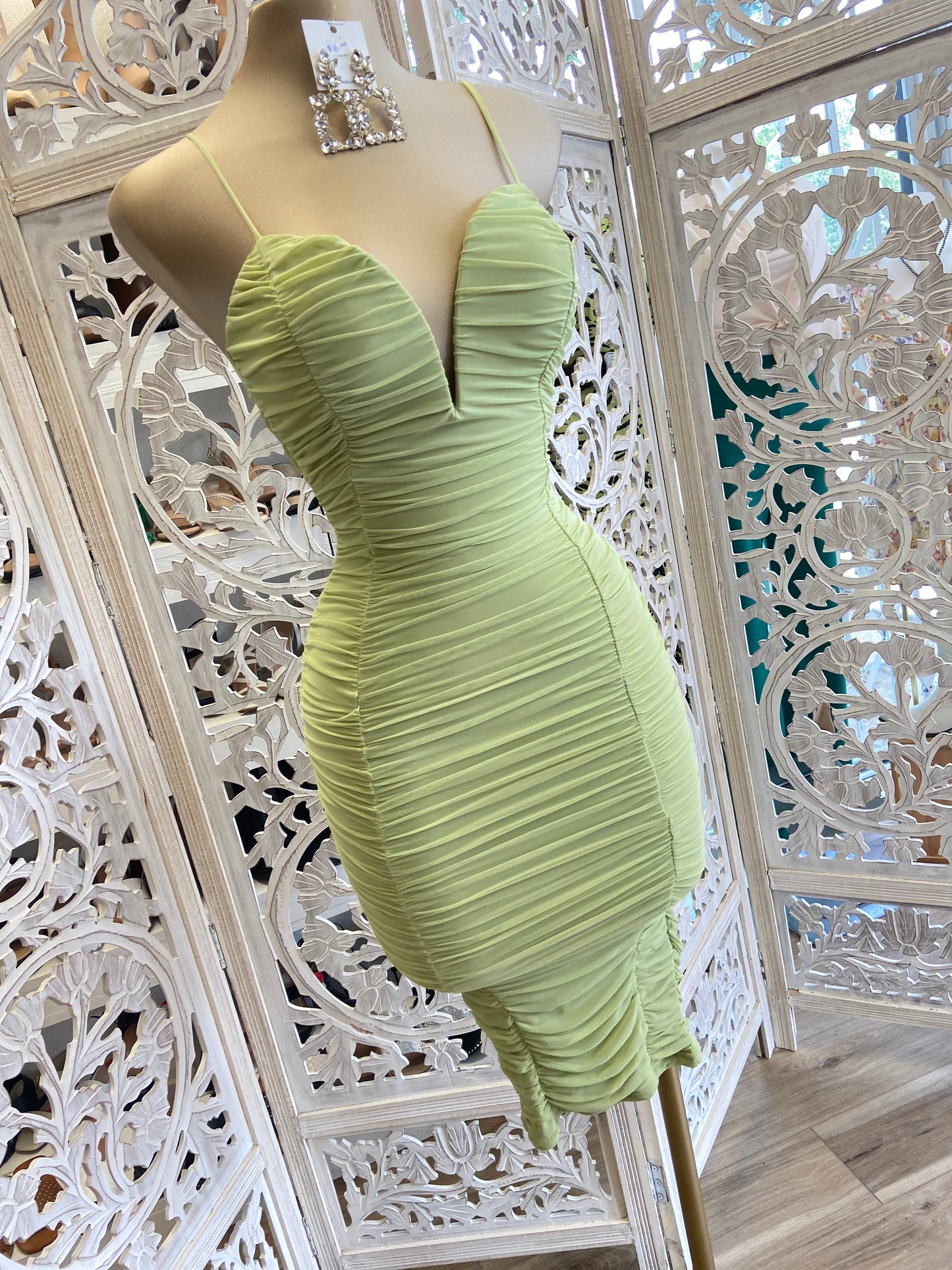 Pistachio V Ruched Bodycon Dress