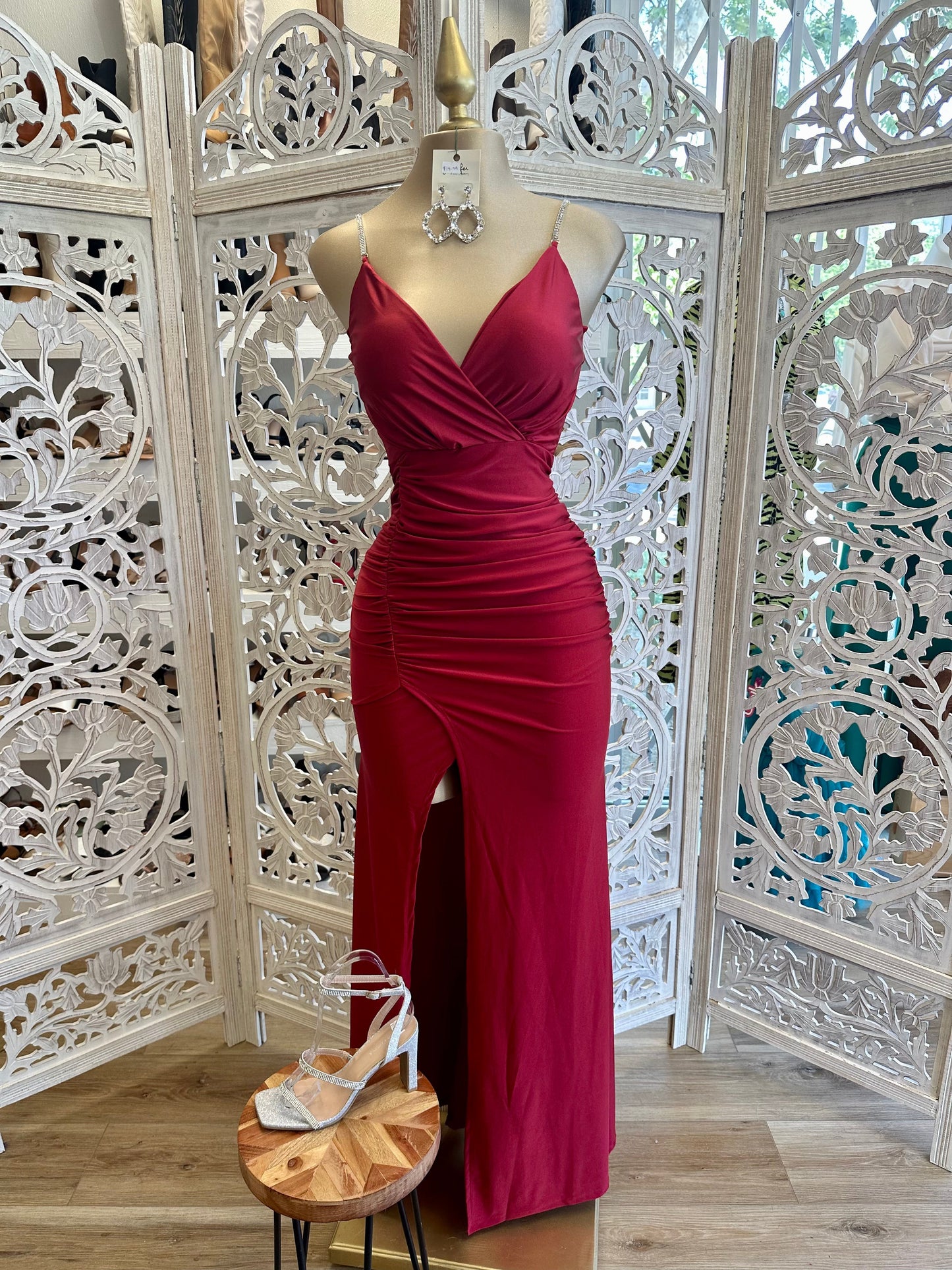 Wine Rhinestone Strap Dress