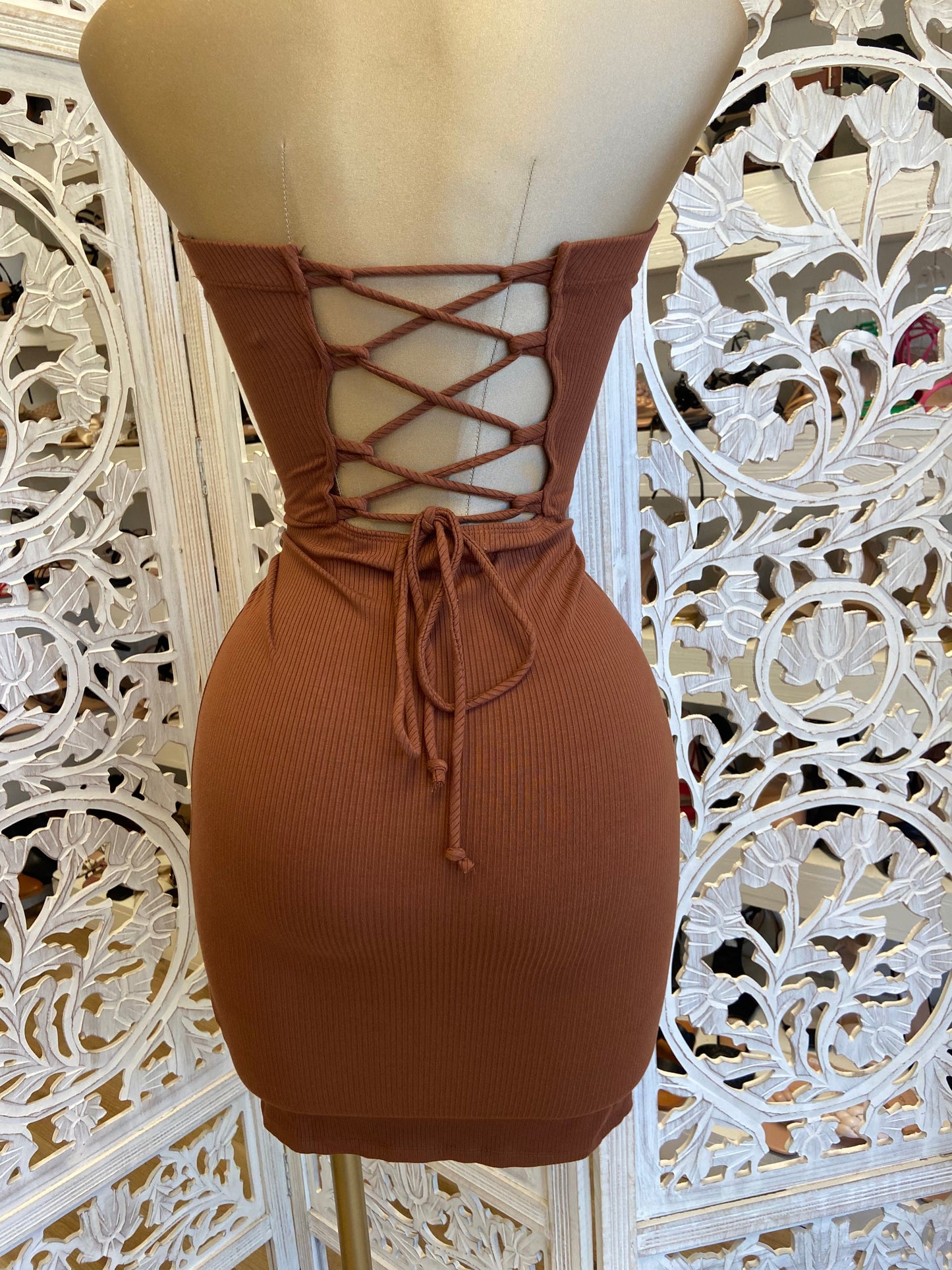 Brown Ribbed Strapless Dress