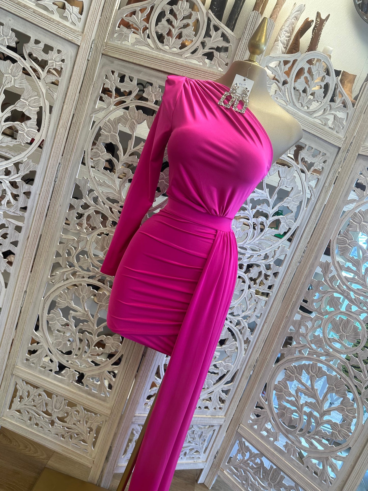 Hot Pink One Sleeve Tailed Dress