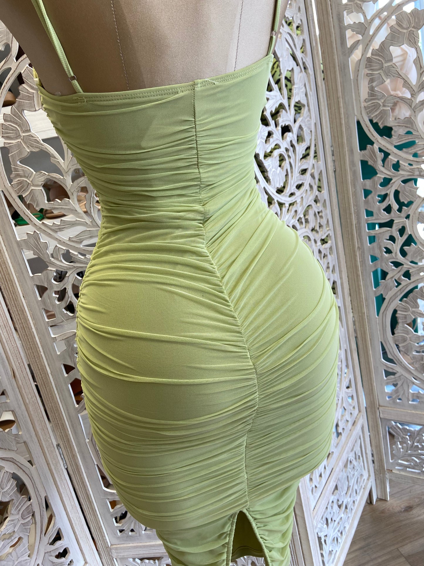 Pistachio V Ruched Bodycon Dress