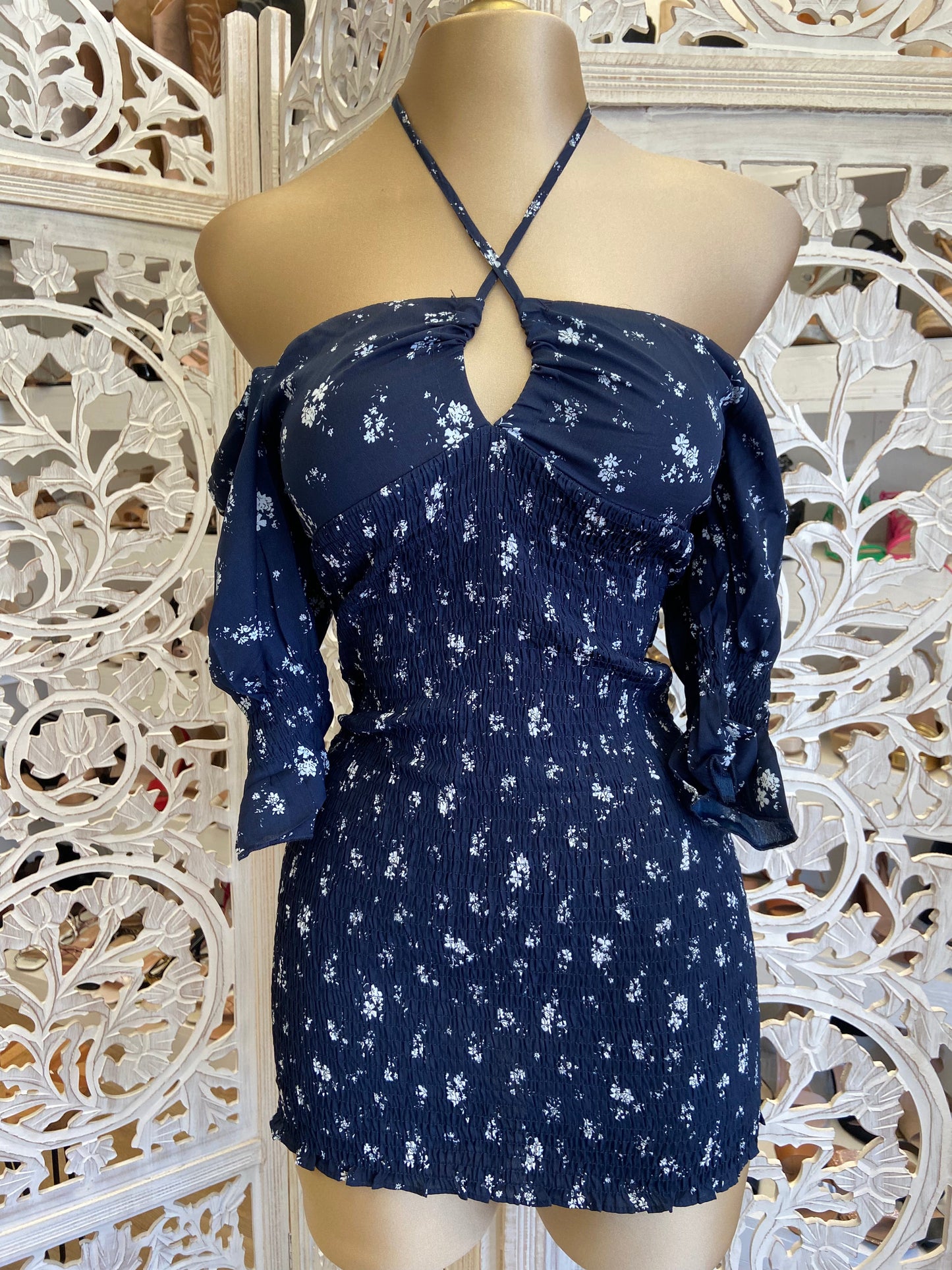 Navy Floral Smocked Dress