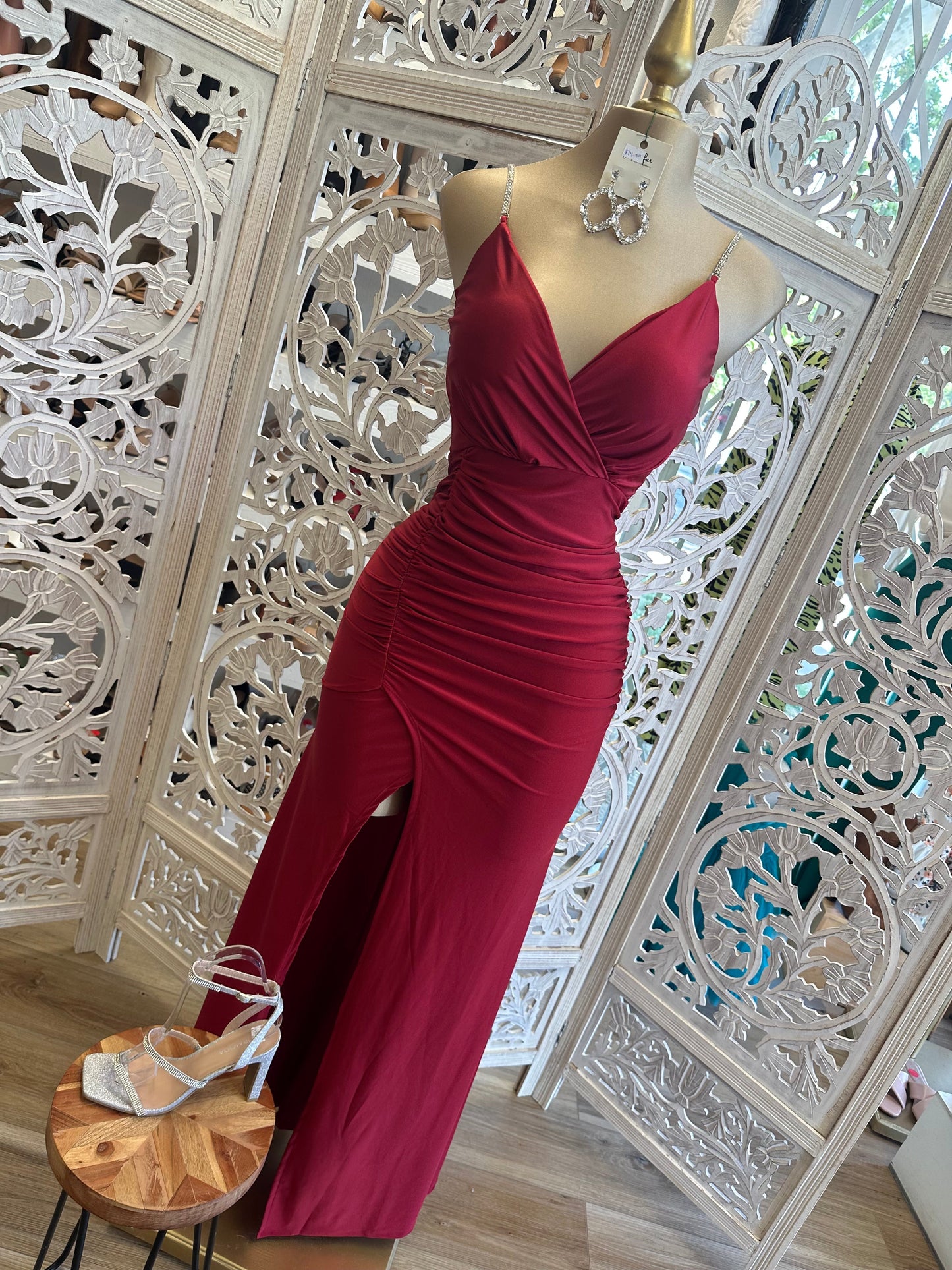 Wine Rhinestone Strap Dress