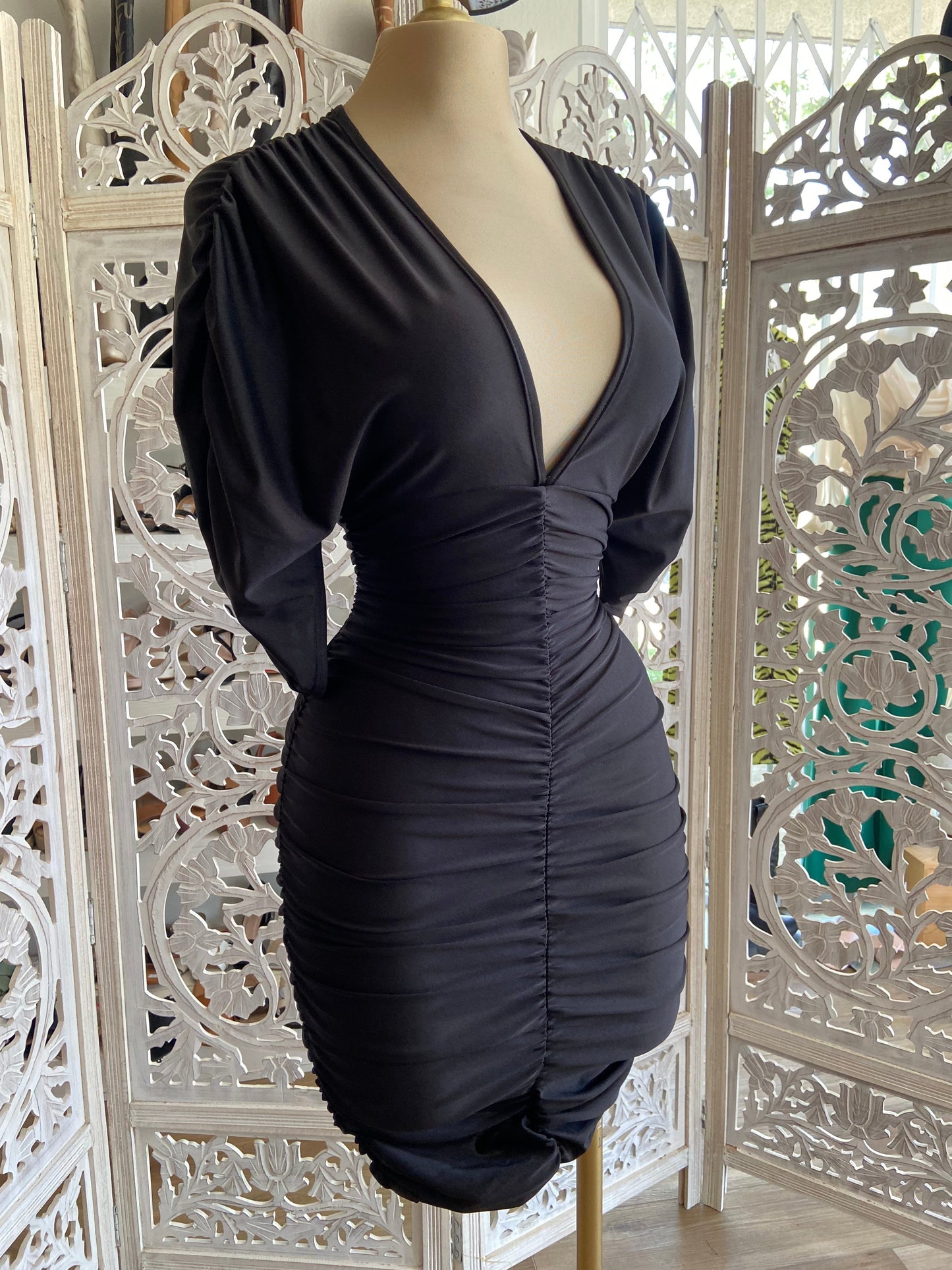 Black Ruched V neck Dress