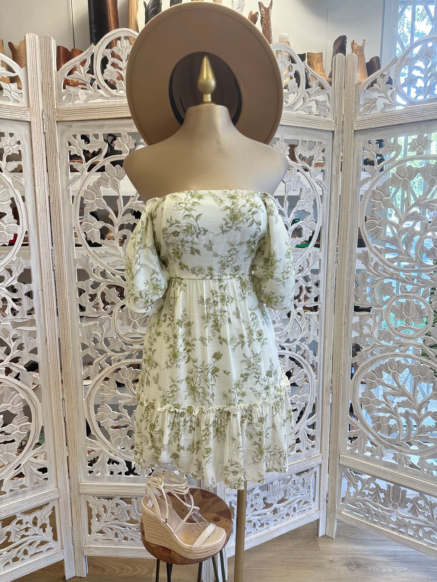 Olive Flowers Off Shoulder Dress