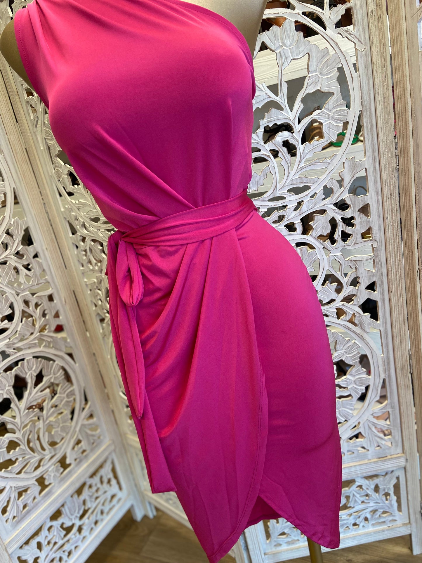 Hot Pink One Sleeve Draped Dress