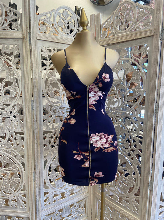 Blue Floral Zipped Dress