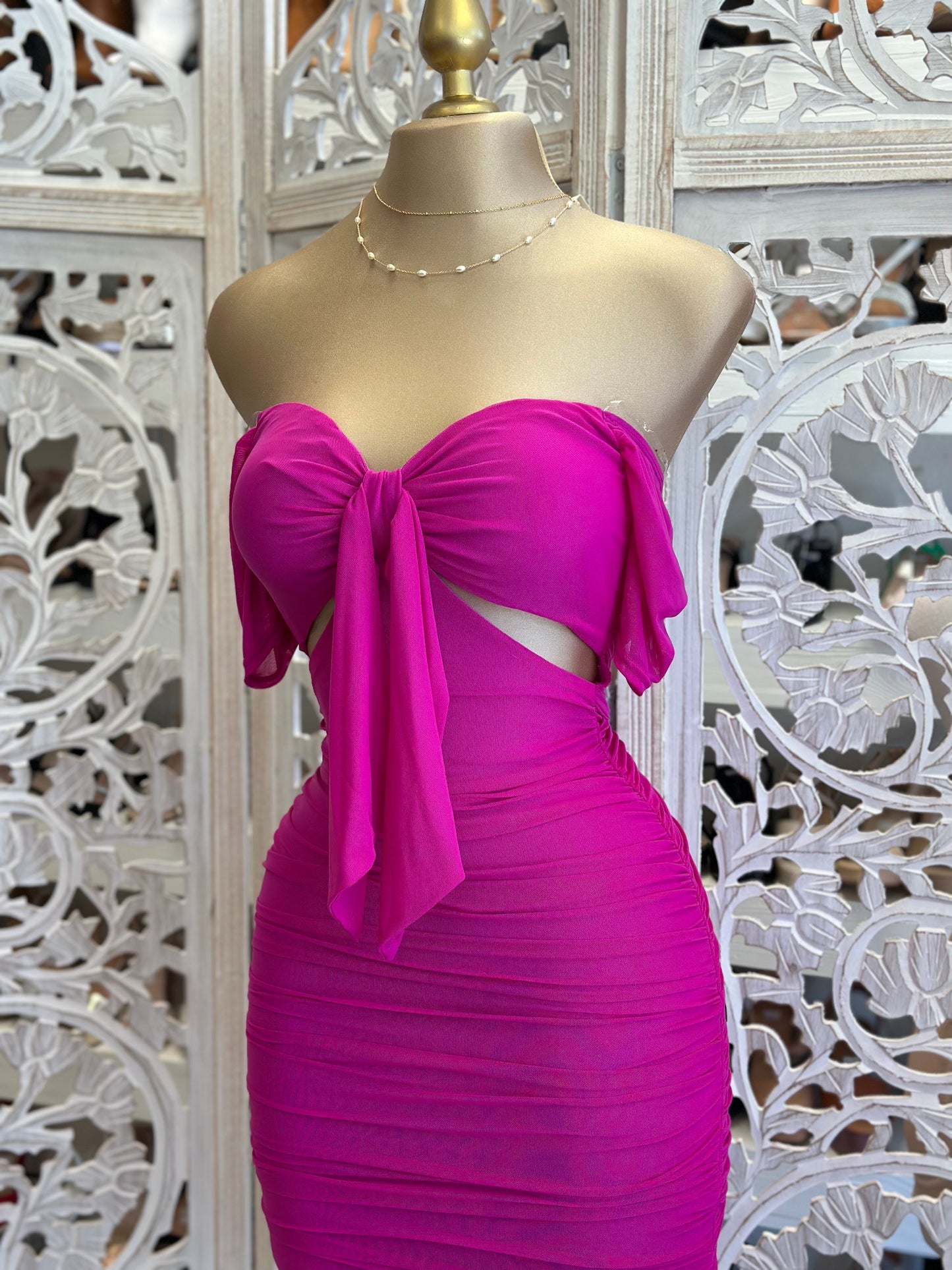 Magenta Bow Ruched Dress